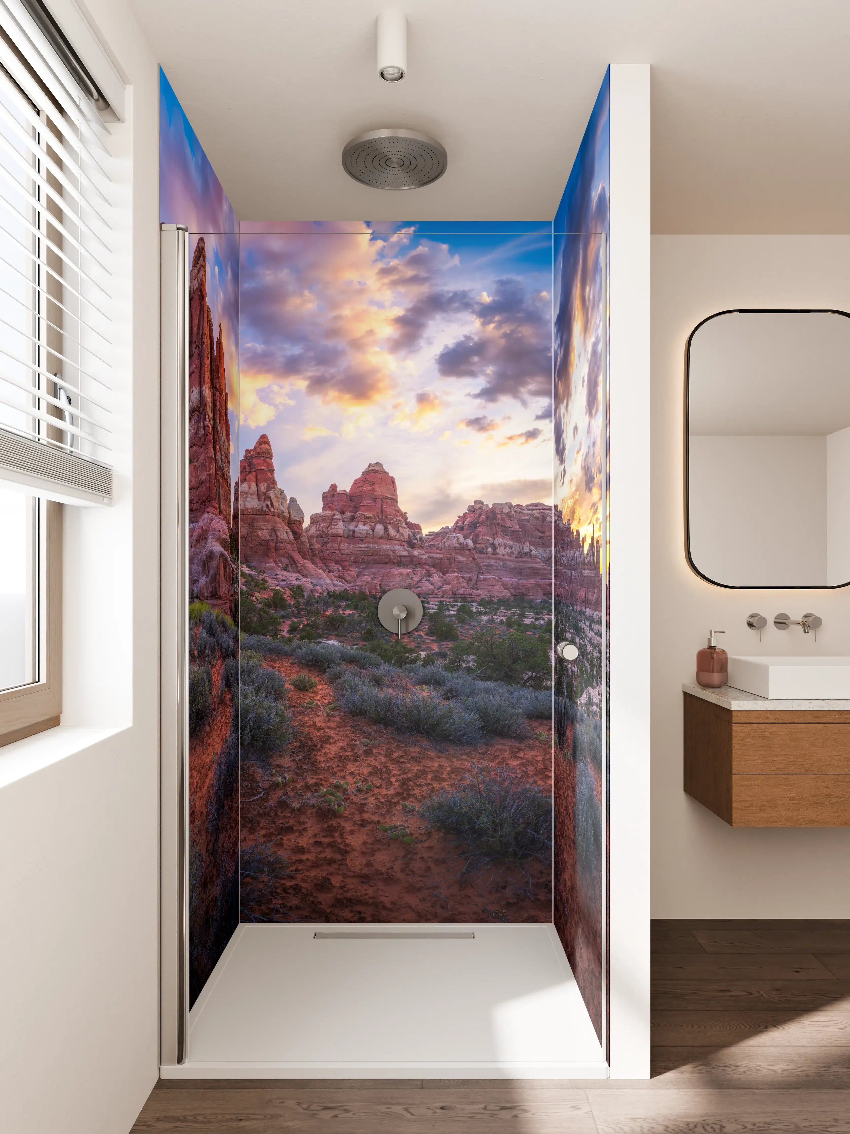 Duschrückwand - Magischer Sonnenuntergang über roten Felsen