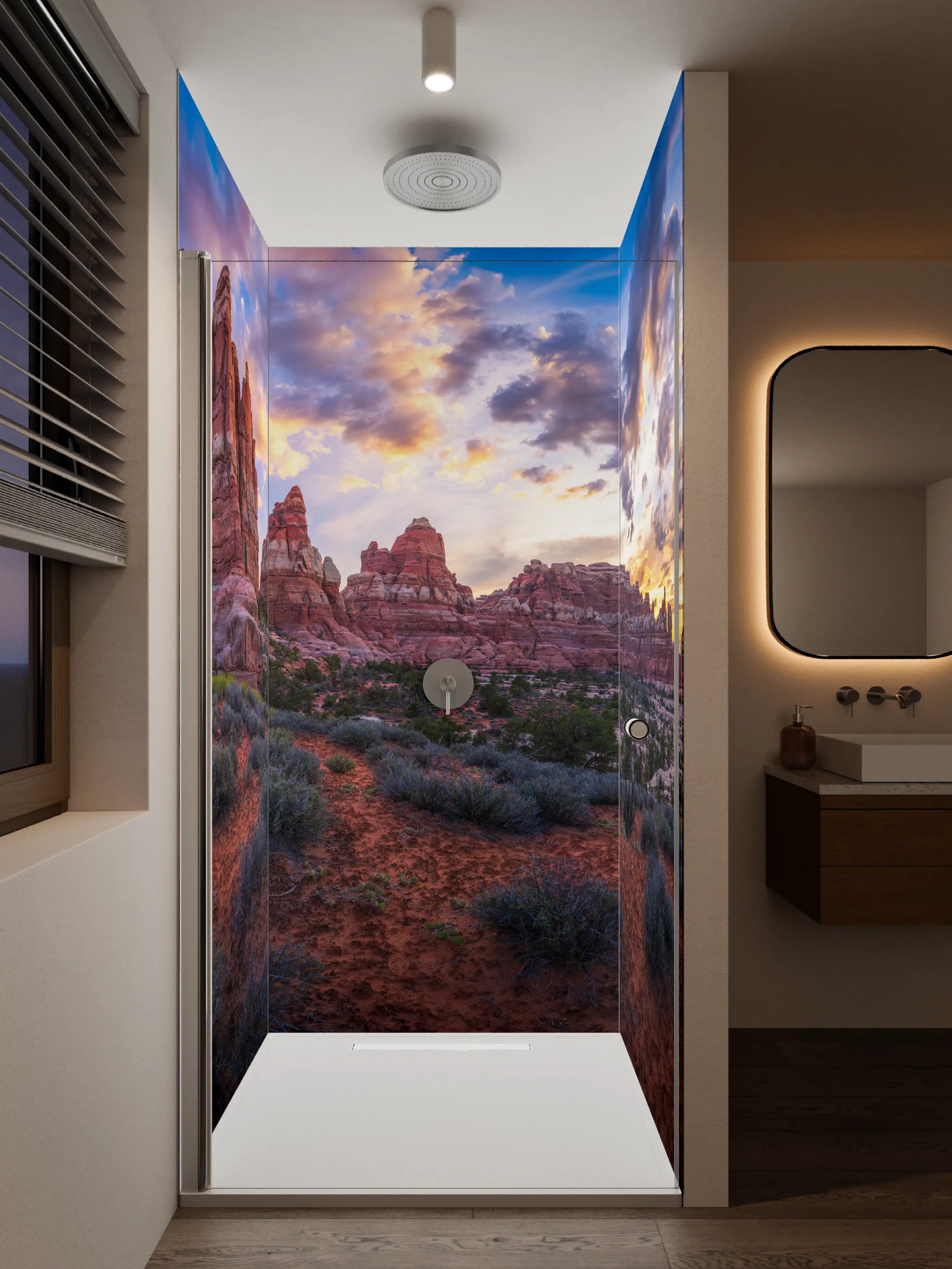 Duschrückwand - Magischer Sonnenuntergang über roten Felsen