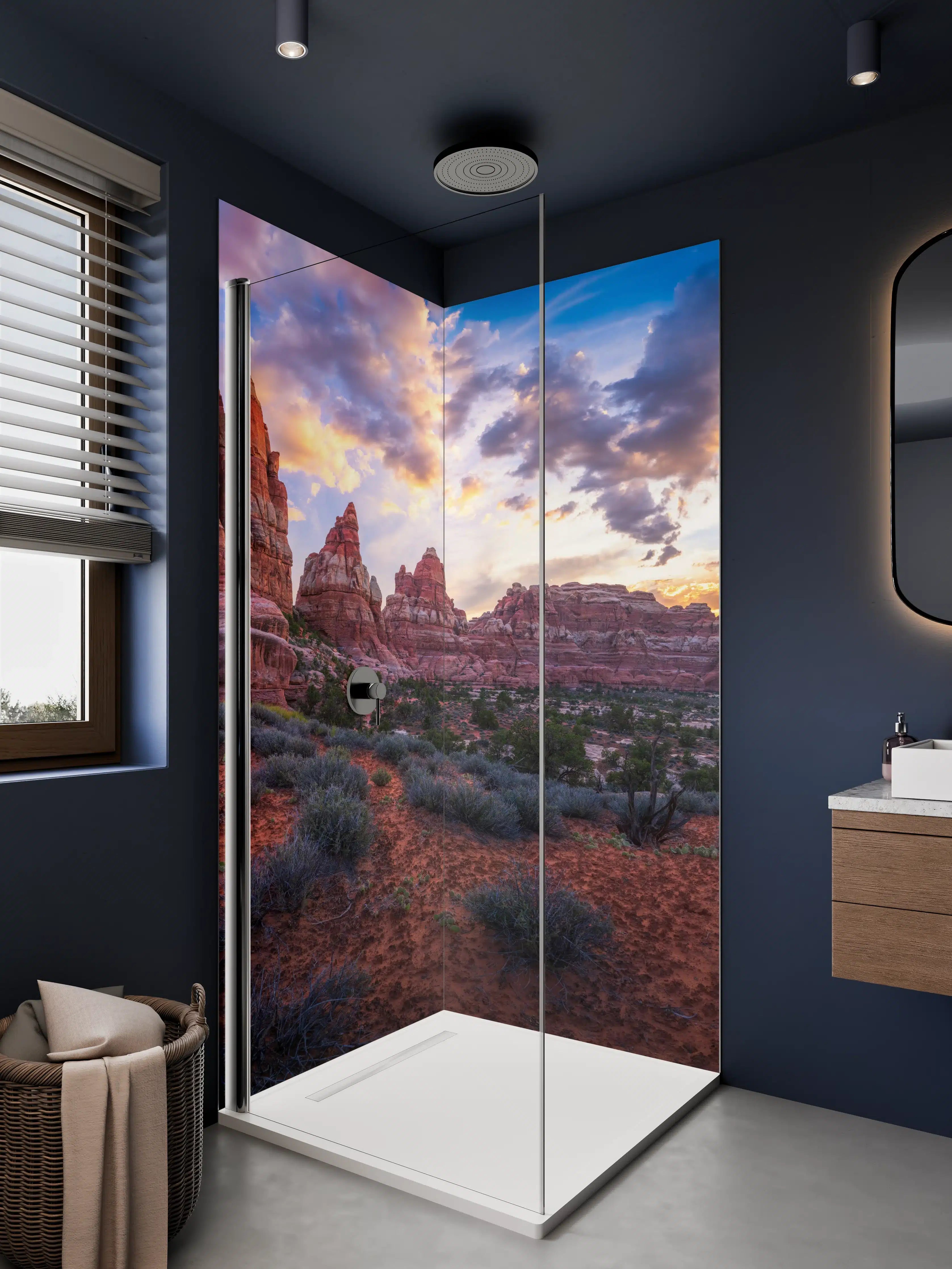 Duschrückwand - Magischer Sonnenuntergang über roten Felsen