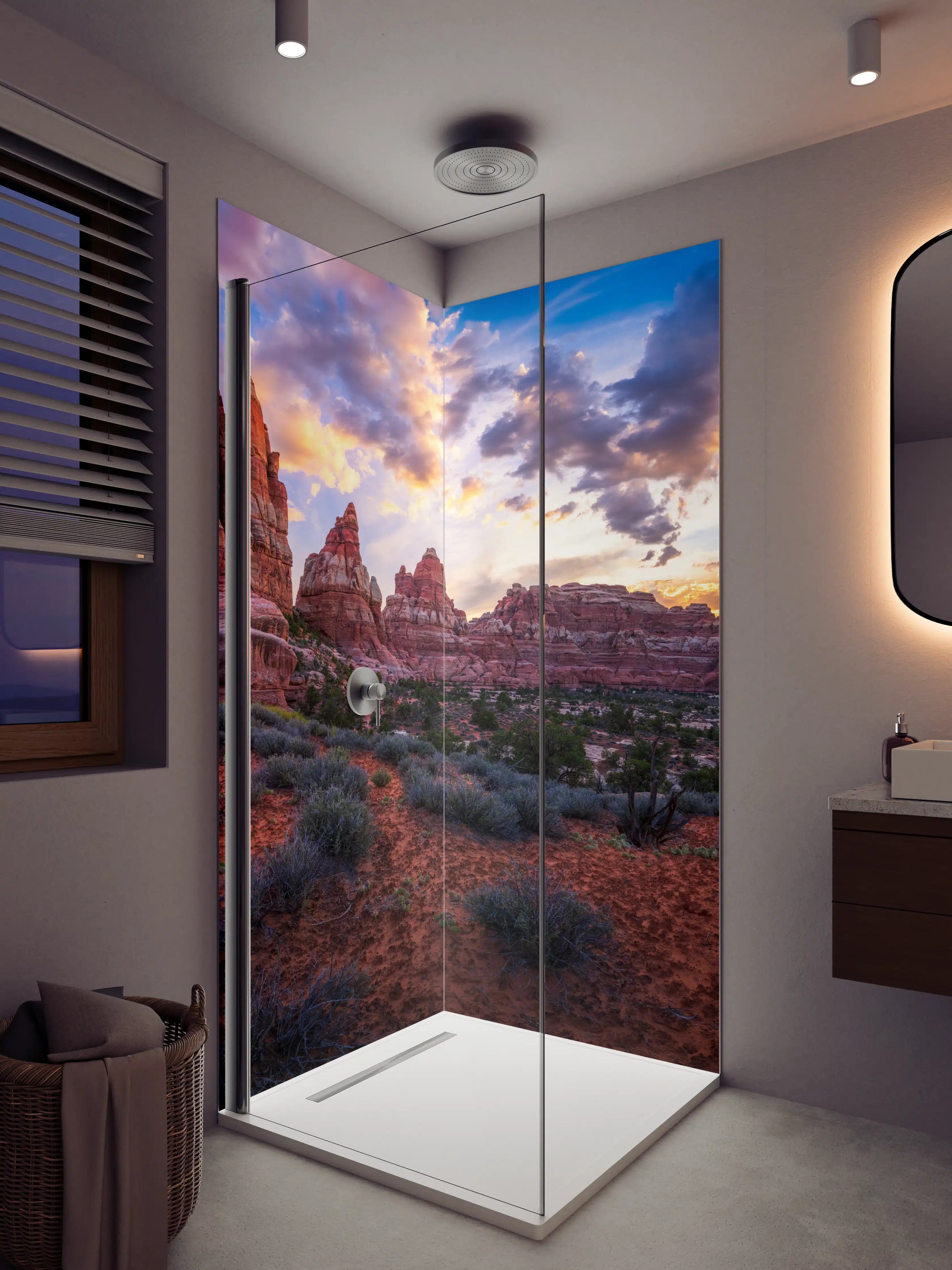 Duschrückwand - Magischer Sonnenuntergang über roten Felsen