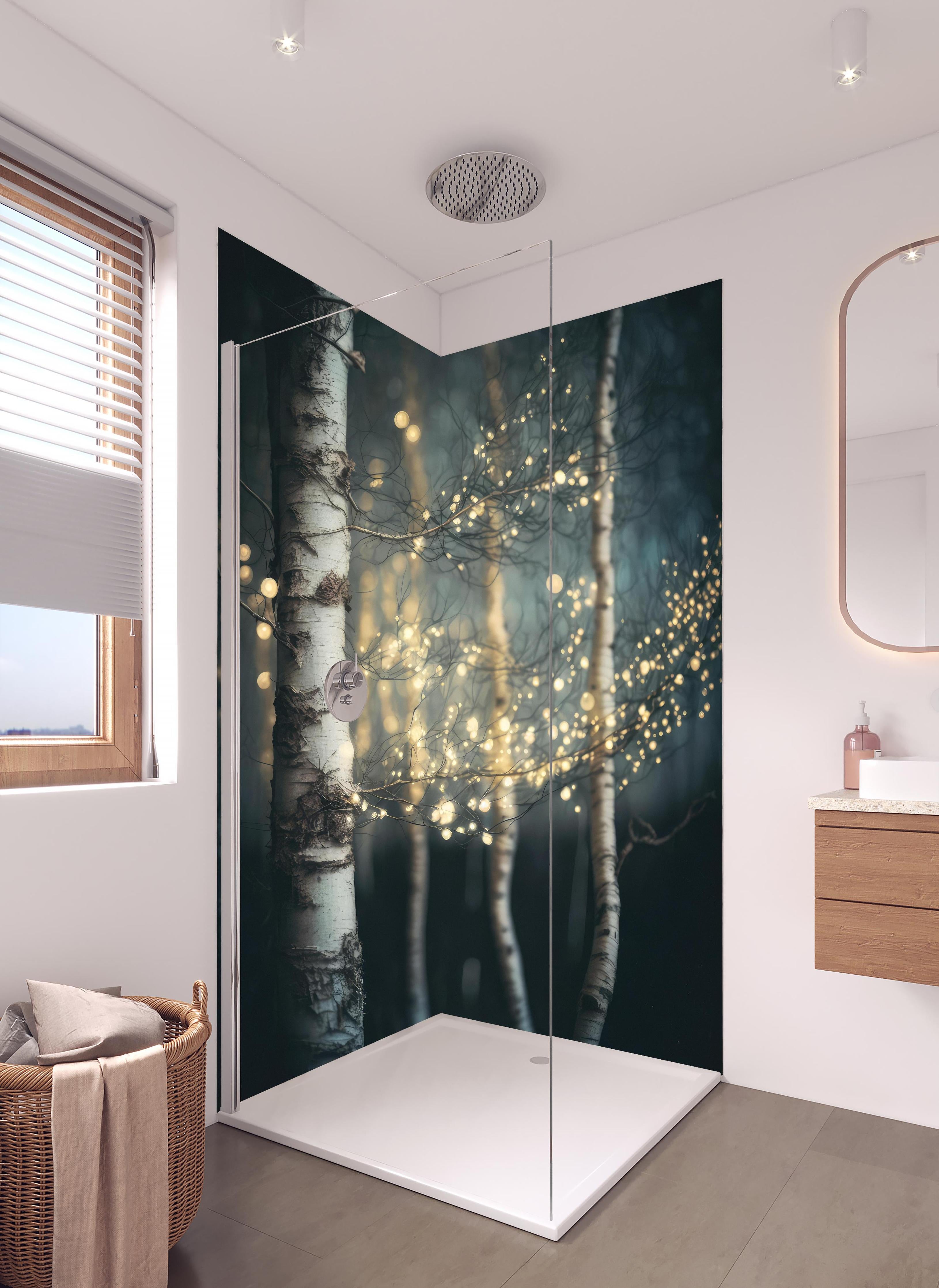Duschrückwand - Magischer Wald in hellem Badezimmer mit Regenduschkopf - zweiteilige Eck-Duschrückwand