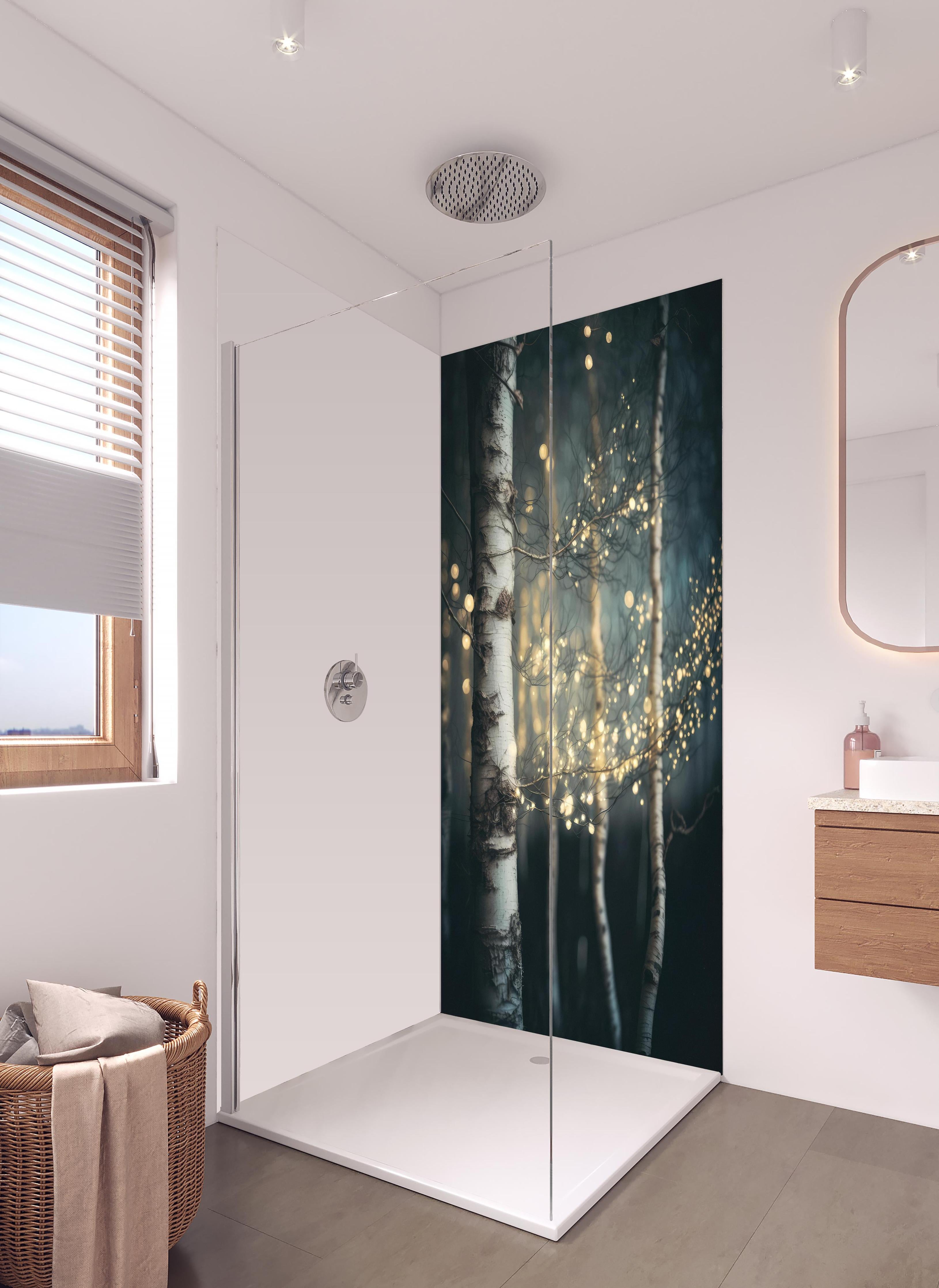 Duschrückwand - Magischer Wald in hellem Badezimmer mit Regenduschkopf - zweiteilige Eck-Duschrückwand