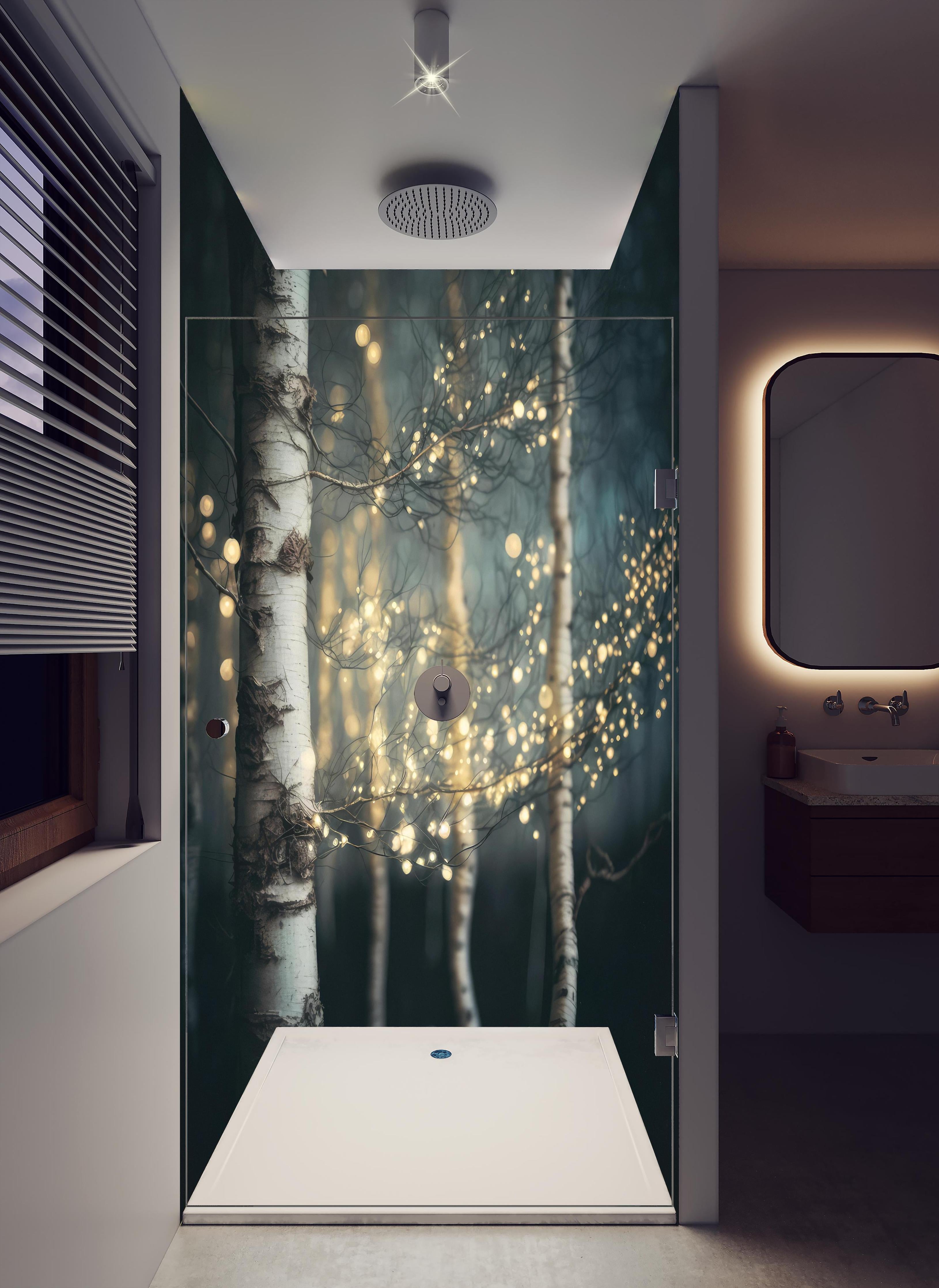 Duschrückwand - Magischer Wald in hellem Badezimmer mit Regenduschkopf - zweiteilige Eck-Duschrückwand