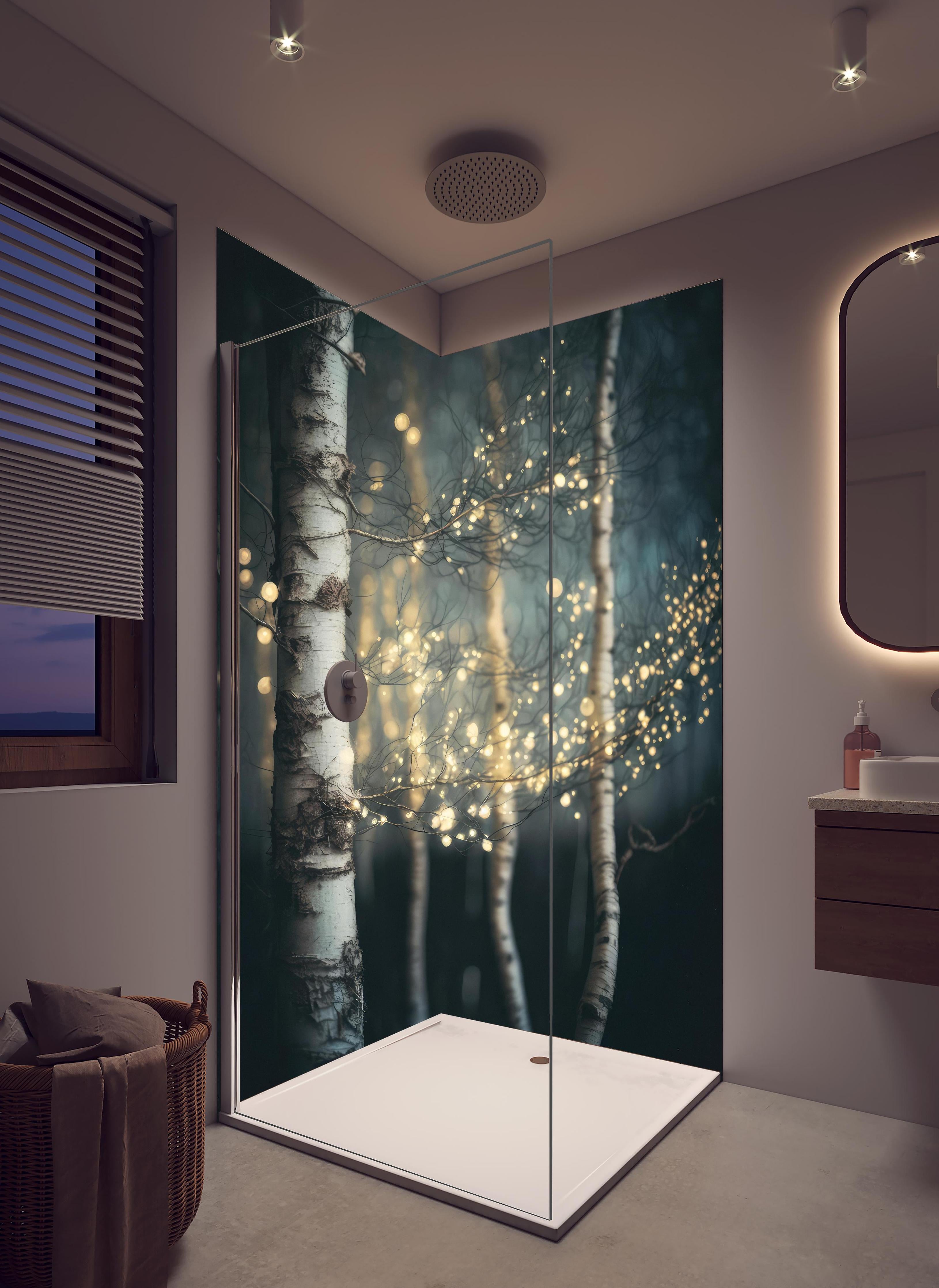 Duschrückwand - Magischer Wald in hellem Badezimmer mit Regenduschkopf - zweiteilige Eck-Duschrückwand