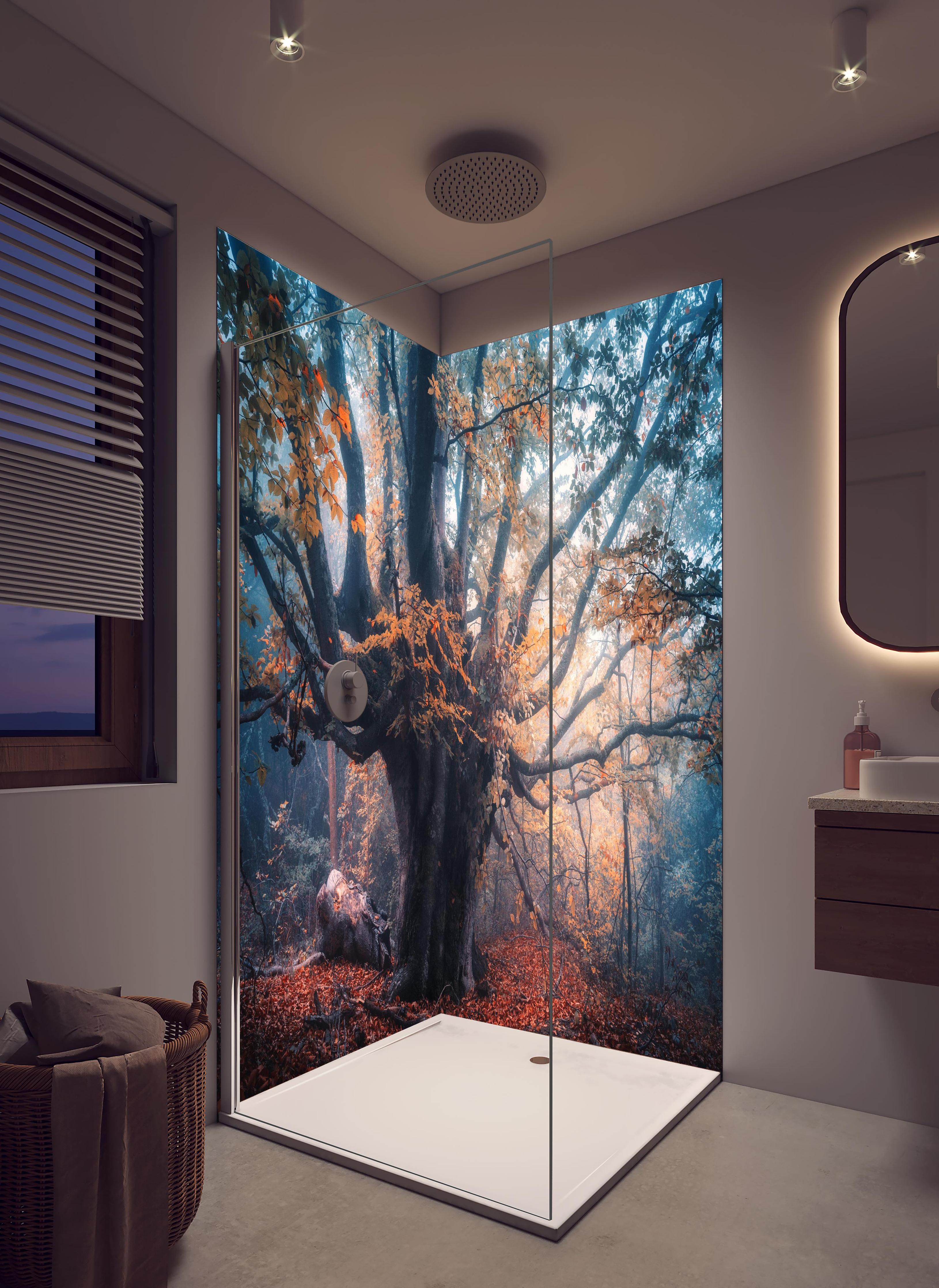Duschrückwand - Magischer alter Baum im Herbst in hellem Badezimmer mit Regenduschkopf - zweiteilige Eck-Duschrückwand