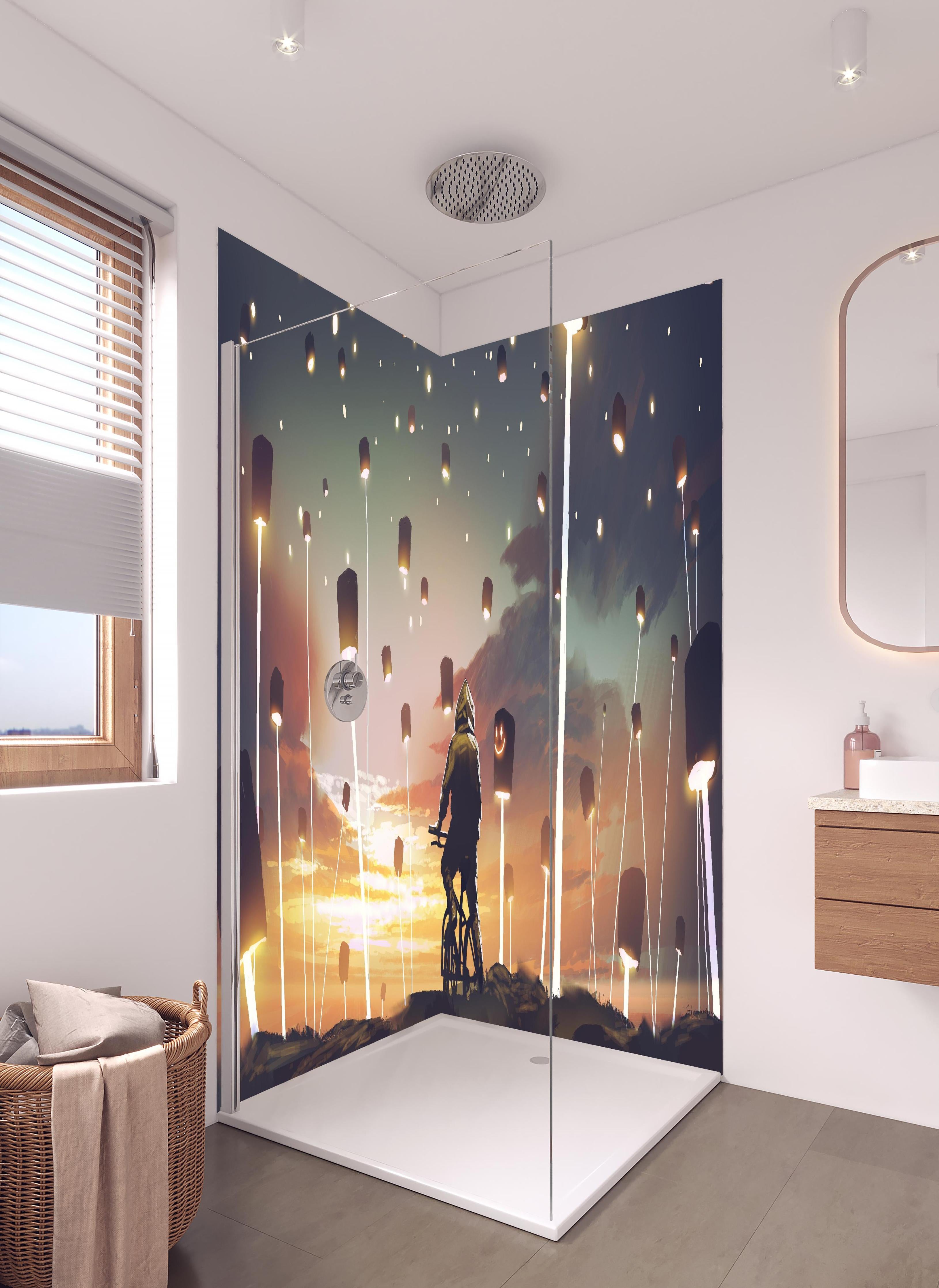 Duschrückwand - Magisches Laterne Lichtfest bei Sonnenuntergang in hellem Badezimmer mit Regenduschkopf - zweiteilige Eck-Duschrückwand