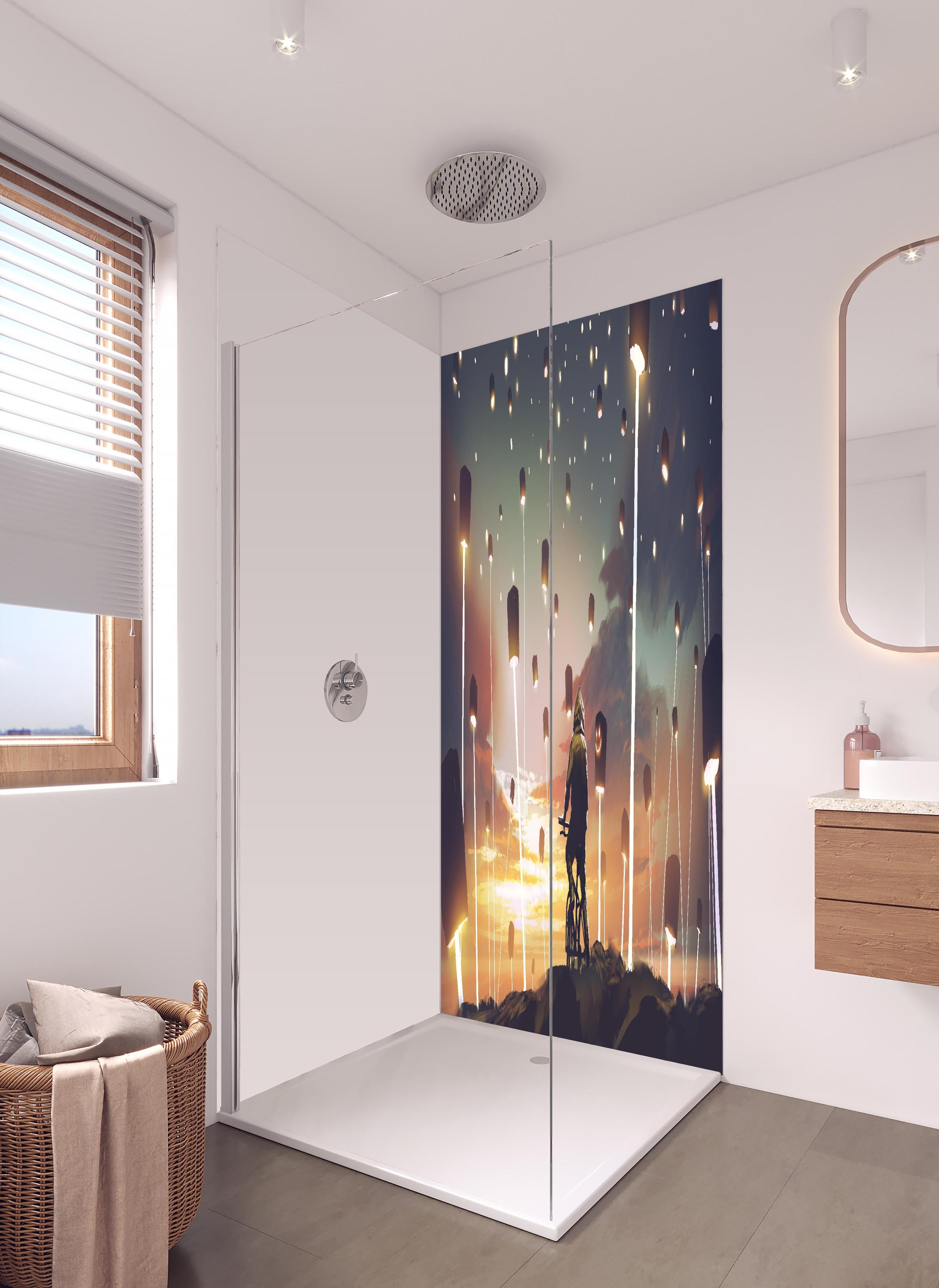 Duschrückwand - Magisches Laterne Lichtfest bei Sonnenuntergang in hellem Badezimmer mit Regenduschkopf - zweiteilige Eck-Duschrückwand