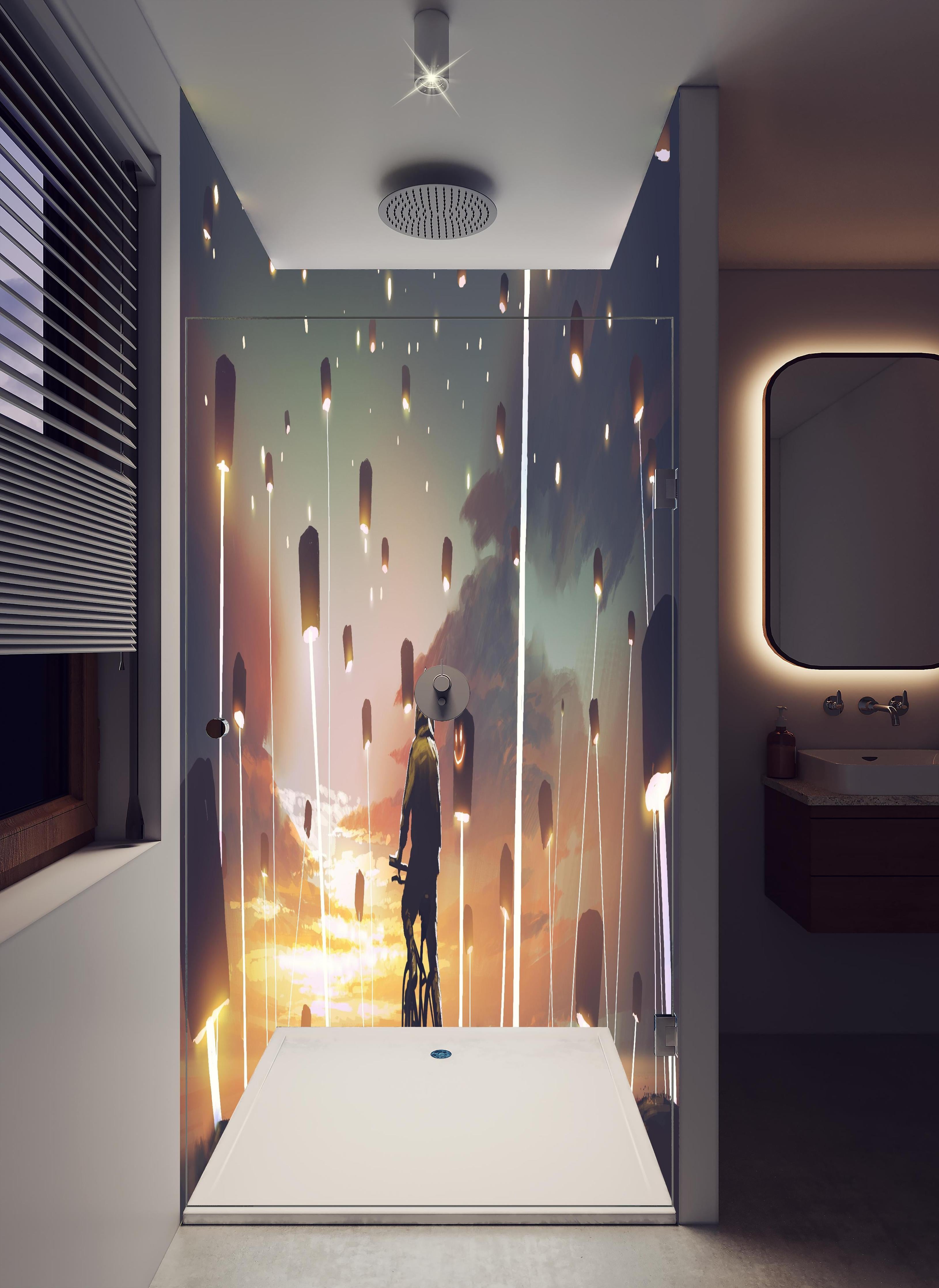 Duschrückwand - Magisches Laterne Lichtfest bei Sonnenuntergang in hellem Badezimmer mit Regenduschkopf - zweiteilige Eck-Duschrückwand