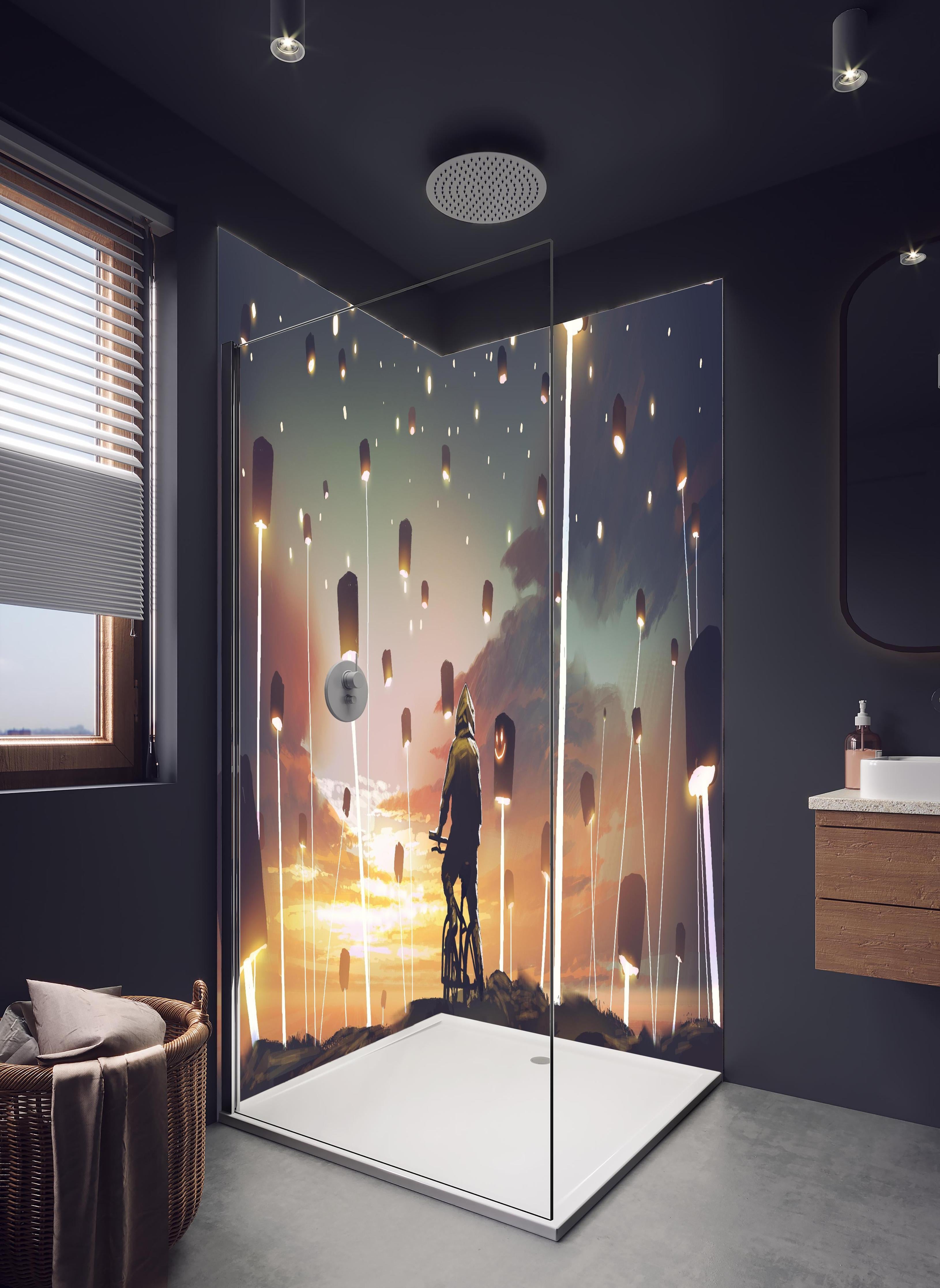 Duschrückwand - Magisches Laterne Lichtfest bei Sonnenuntergang in hellem Badezimmer mit Regenduschkopf - zweiteilige Eck-Duschrückwand