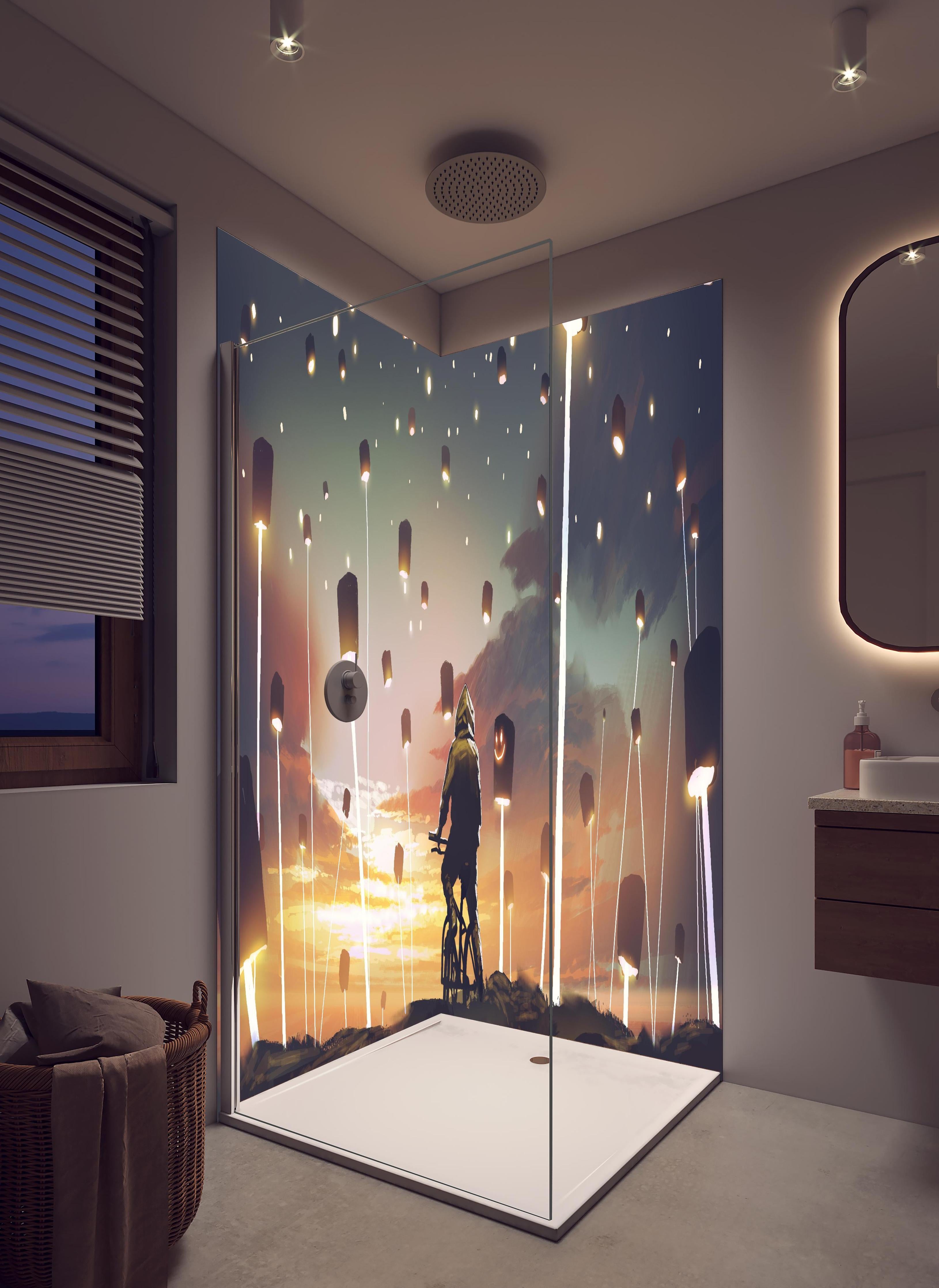 Duschrückwand - Magisches Laterne Lichtfest bei Sonnenuntergang in hellem Badezimmer mit Regenduschkopf - zweiteilige Eck-Duschrückwand