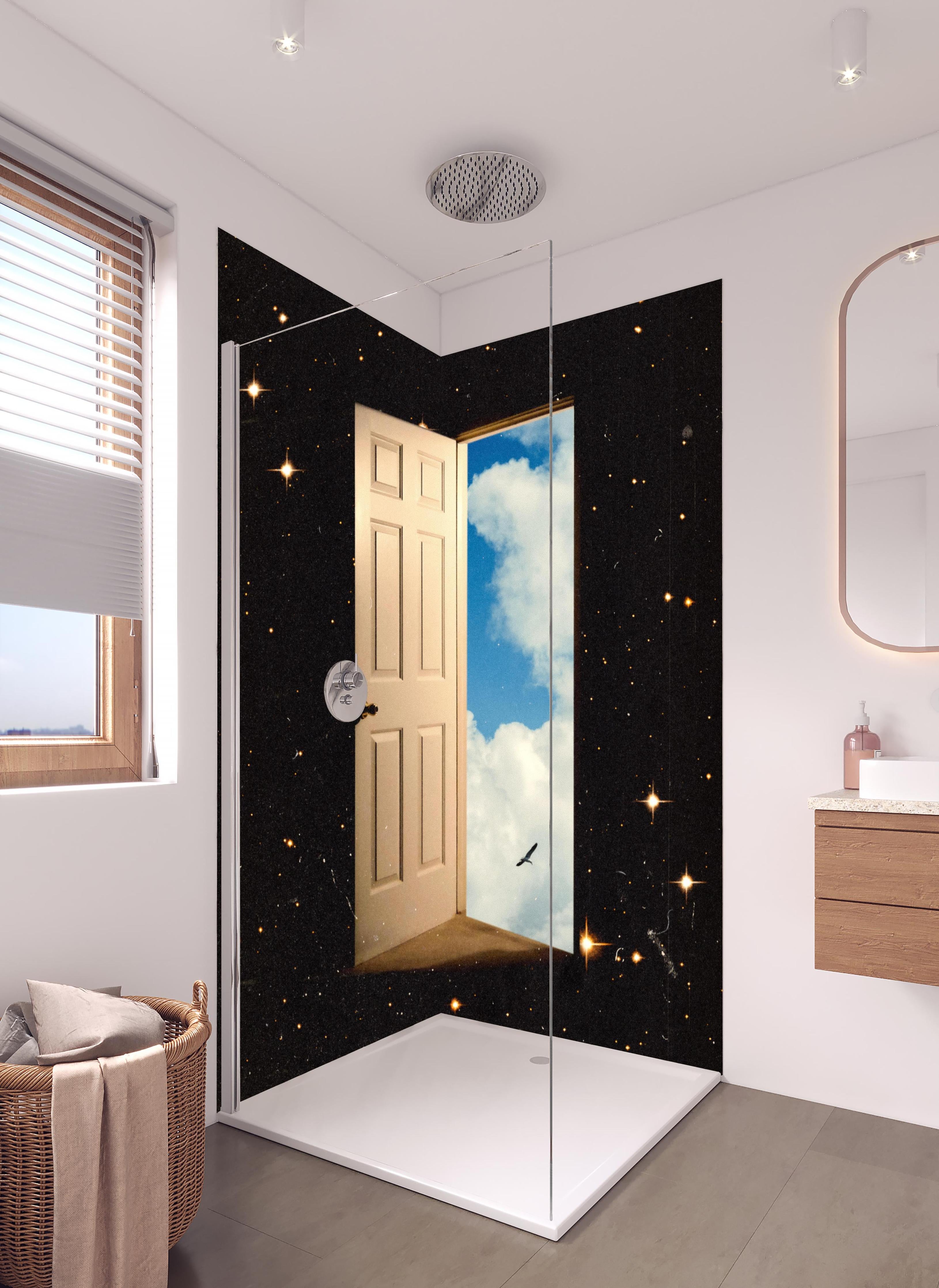 Duschrückwand - Magisches Sternenportal mit Tür zum Himmel in hellem Badezimmer mit Regenduschkopf - zweiteilige Eck-Duschrückwand