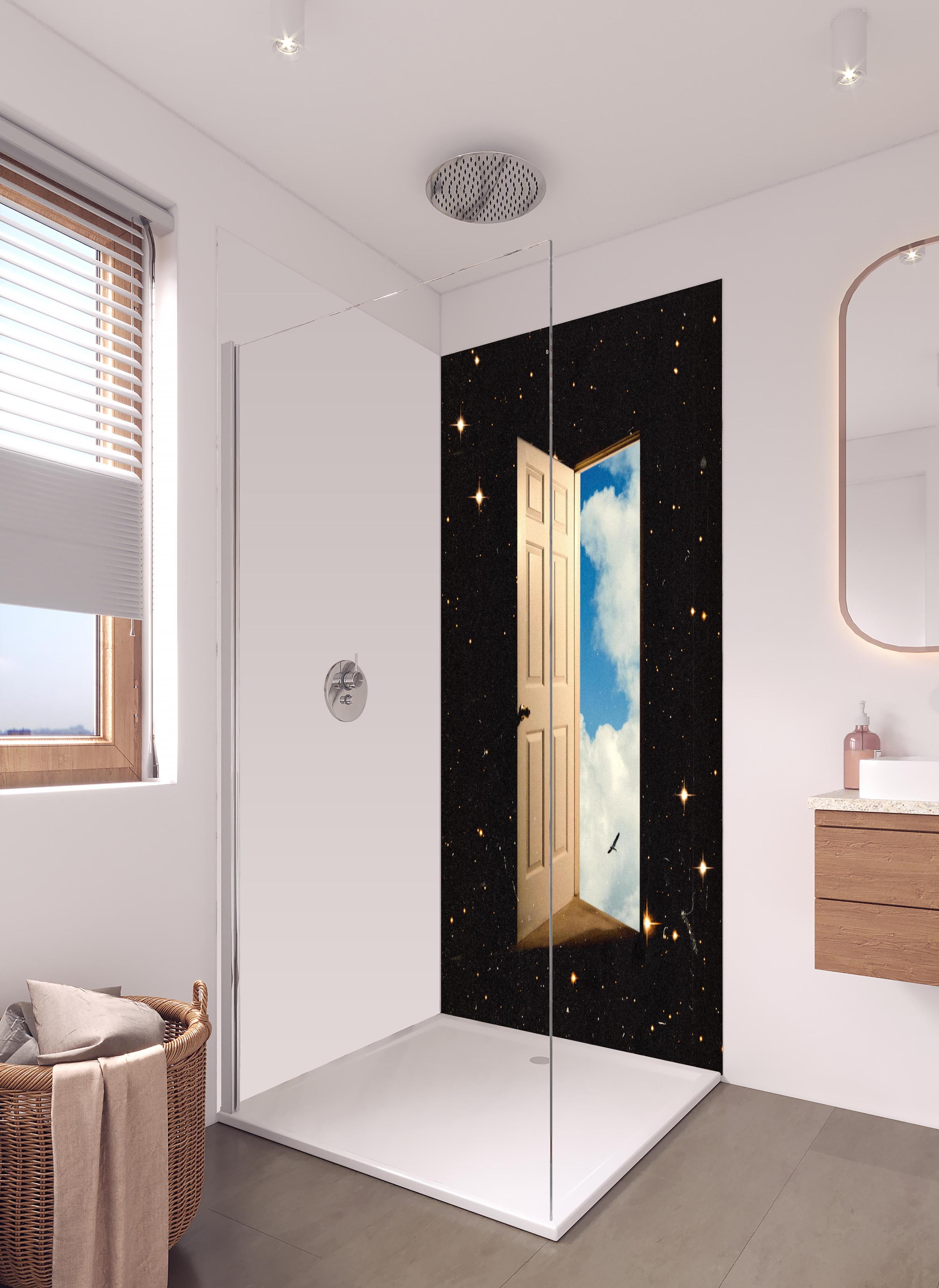 Duschrückwand - Magisches Sternenportal mit Tür zum Himmel in hellem Badezimmer mit Regenduschkopf - zweiteilige Eck-Duschrückwand