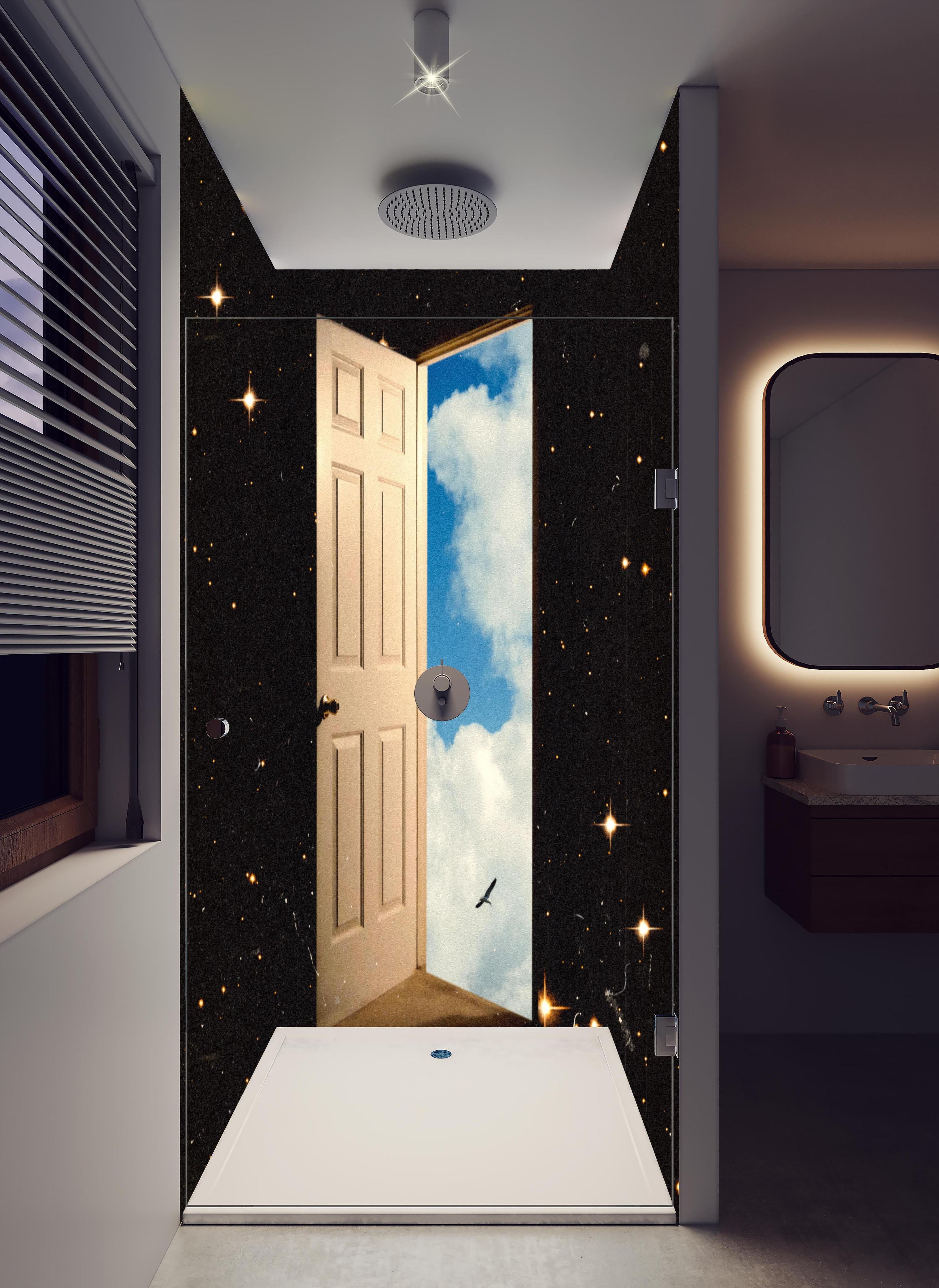 Duschrückwand - Magisches Sternenportal mit Tür zum Himmel in hellem Badezimmer mit Regenduschkopf - zweiteilige Eck-Duschrückwand