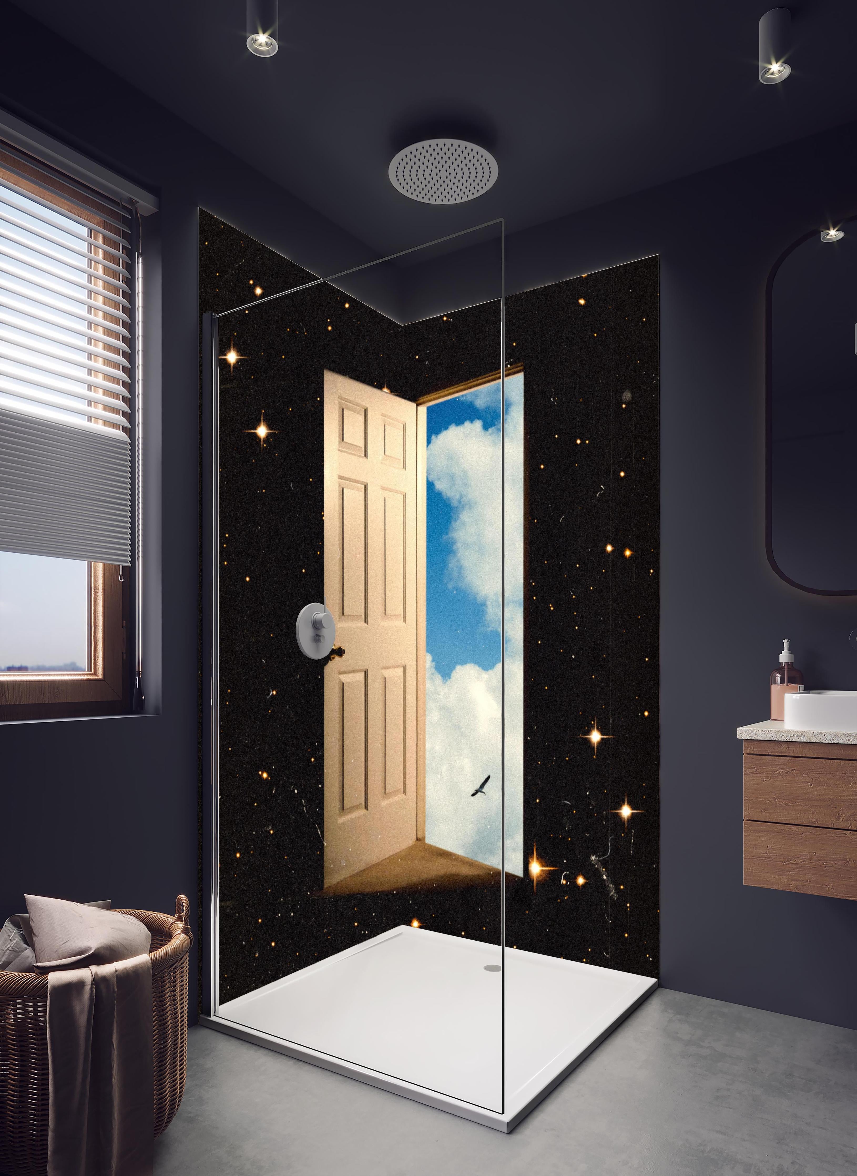 Duschrückwand - Magisches Sternenportal mit Tür zum Himmel in hellem Badezimmer mit Regenduschkopf - zweiteilige Eck-Duschrückwand