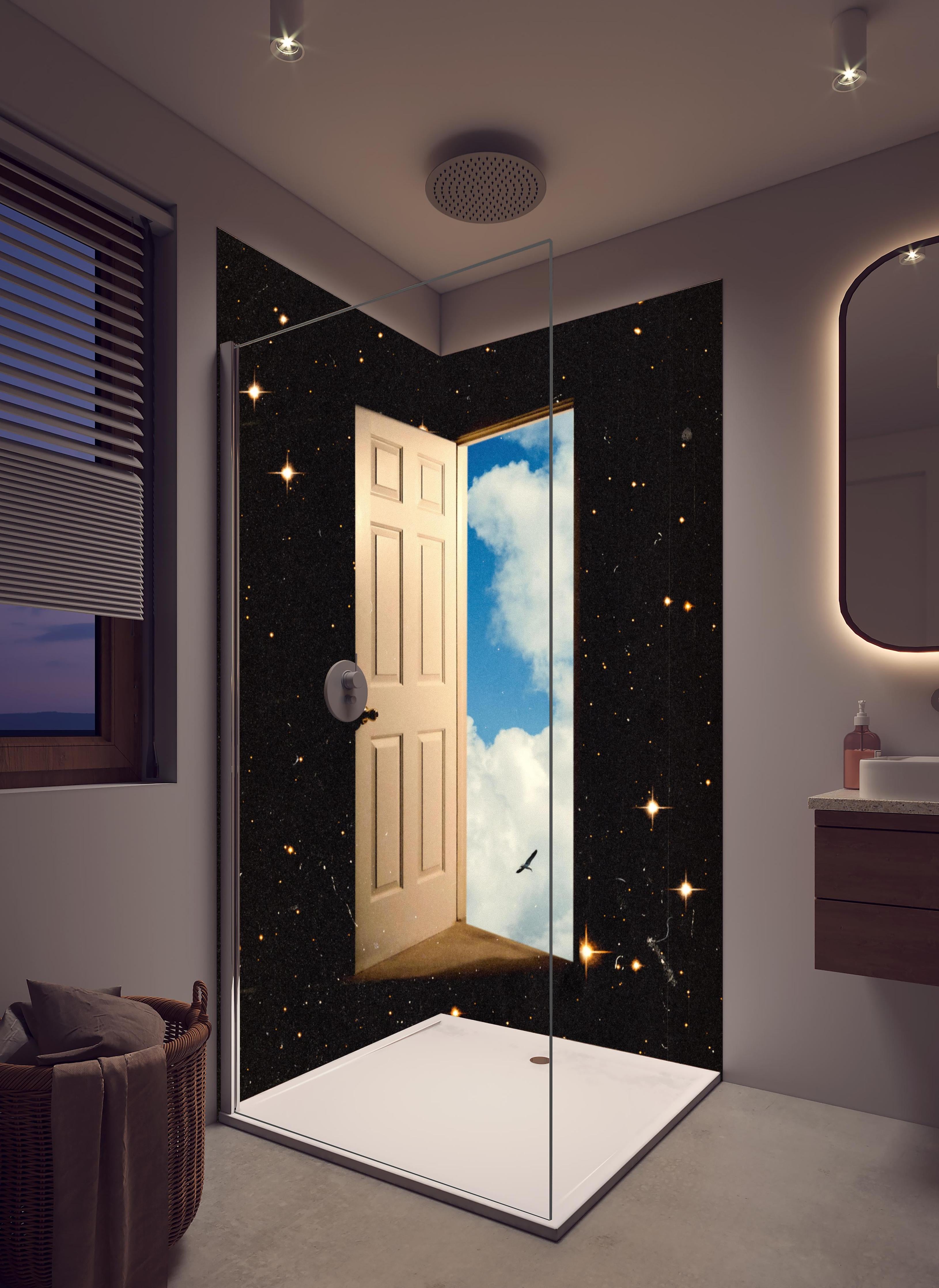Duschrückwand - Magisches Sternenportal mit Tür zum Himmel in hellem Badezimmer mit Regenduschkopf - zweiteilige Eck-Duschrückwand