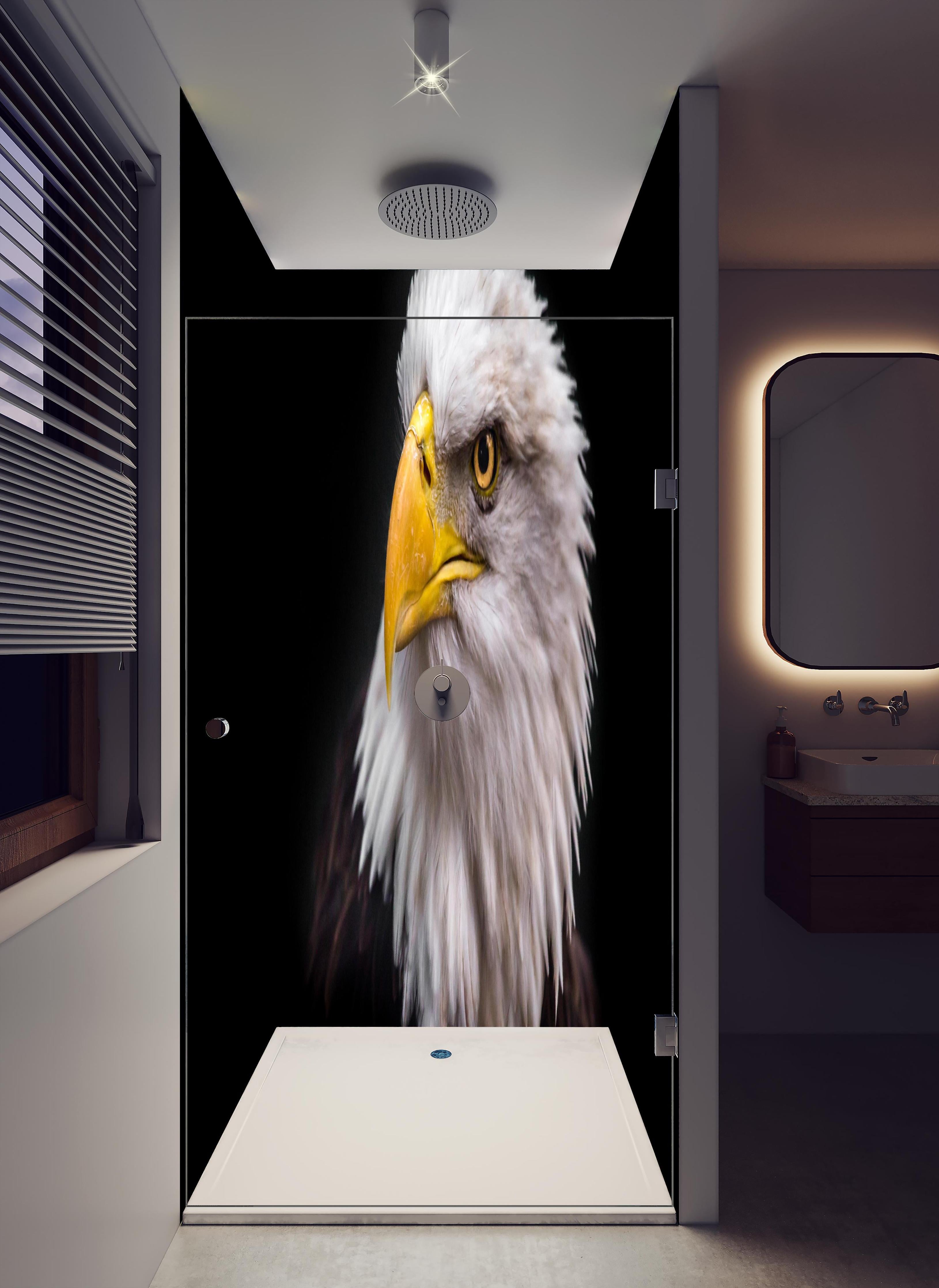 Duschrückwand - Majestätischer Adler in hellem Badezimmer mit Regenduschkopf - zweiteilige Eck-Duschrückwand