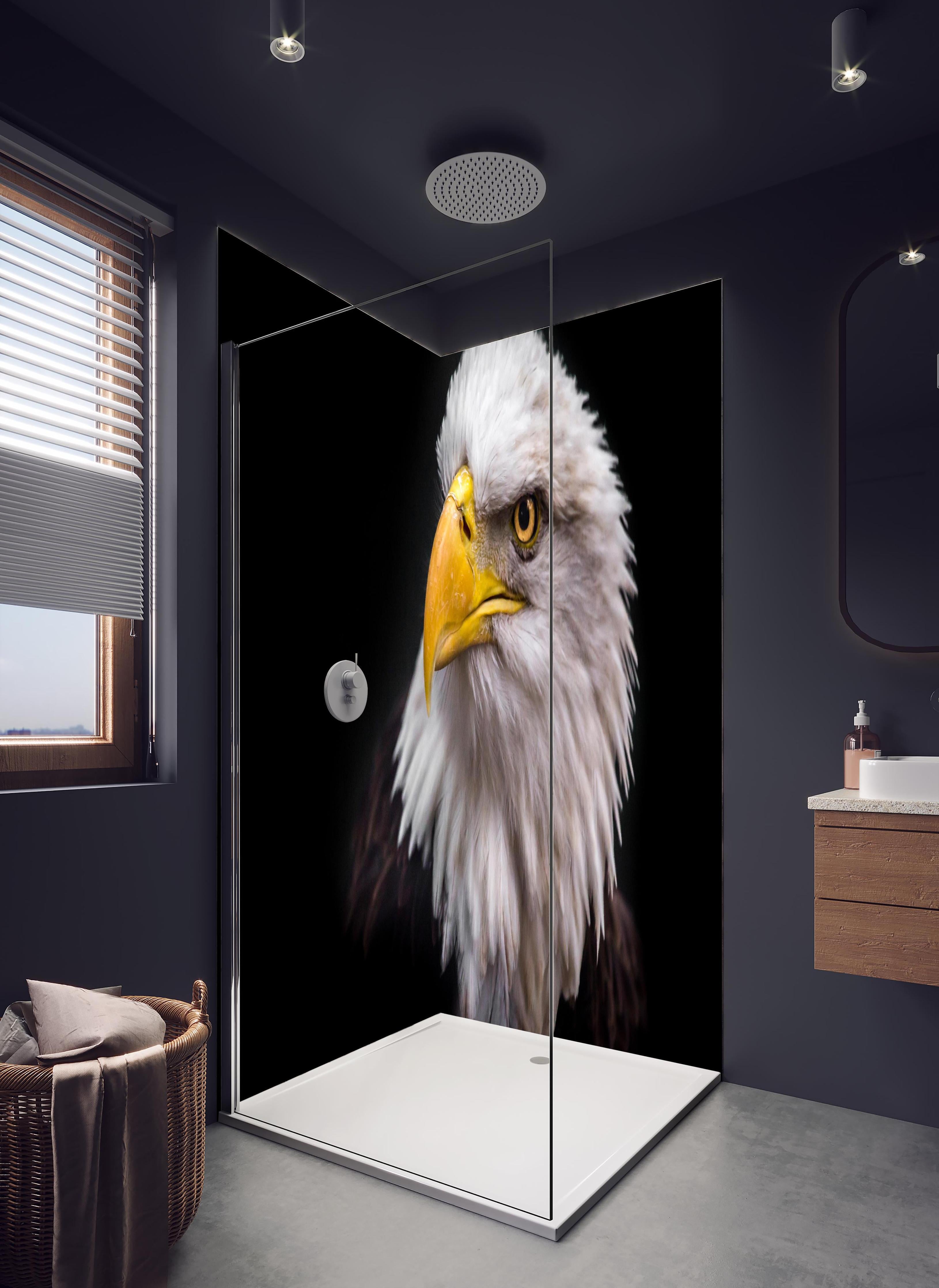 Duschrückwand - Majestätischer Adler in hellem Badezimmer mit Regenduschkopf - zweiteilige Eck-Duschrückwand