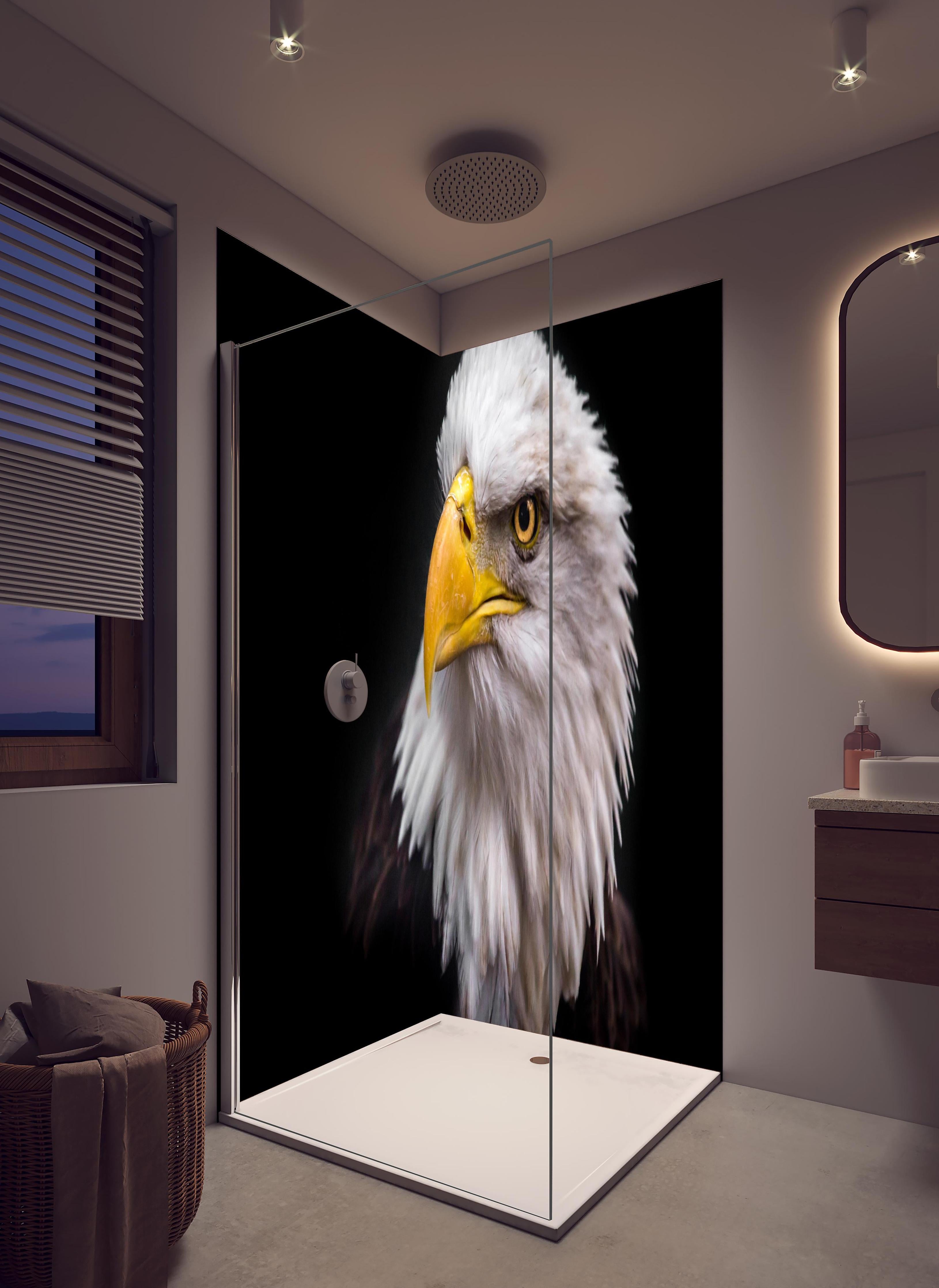 Duschrückwand - Majestätischer Adler in hellem Badezimmer mit Regenduschkopf - zweiteilige Eck-Duschrückwand