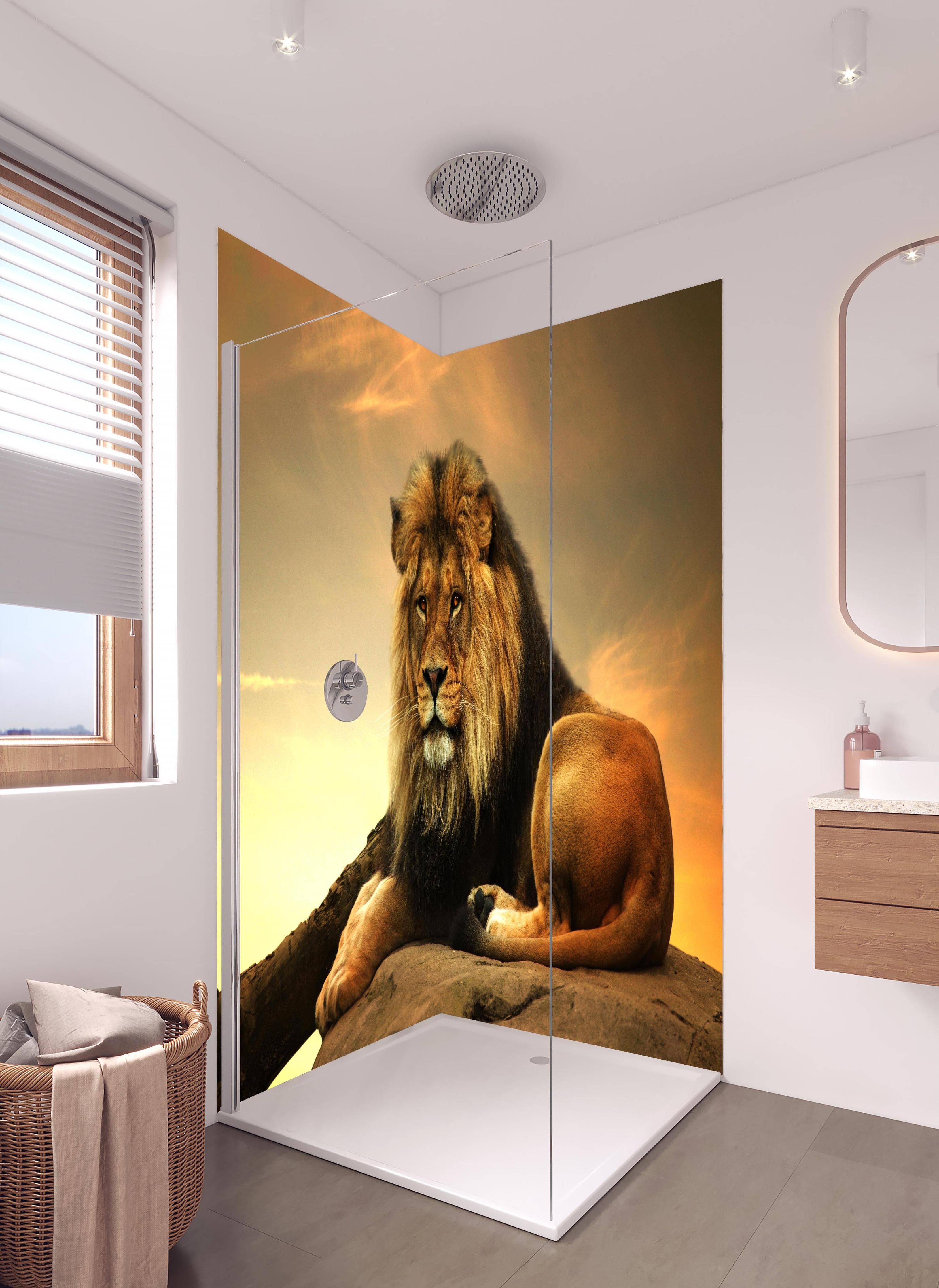 Duschrückwand - Majestätischer Löwe auf Fels in hellem Badezimmer mit Regenduschkopf - zweiteilige Eck-Duschrückwand