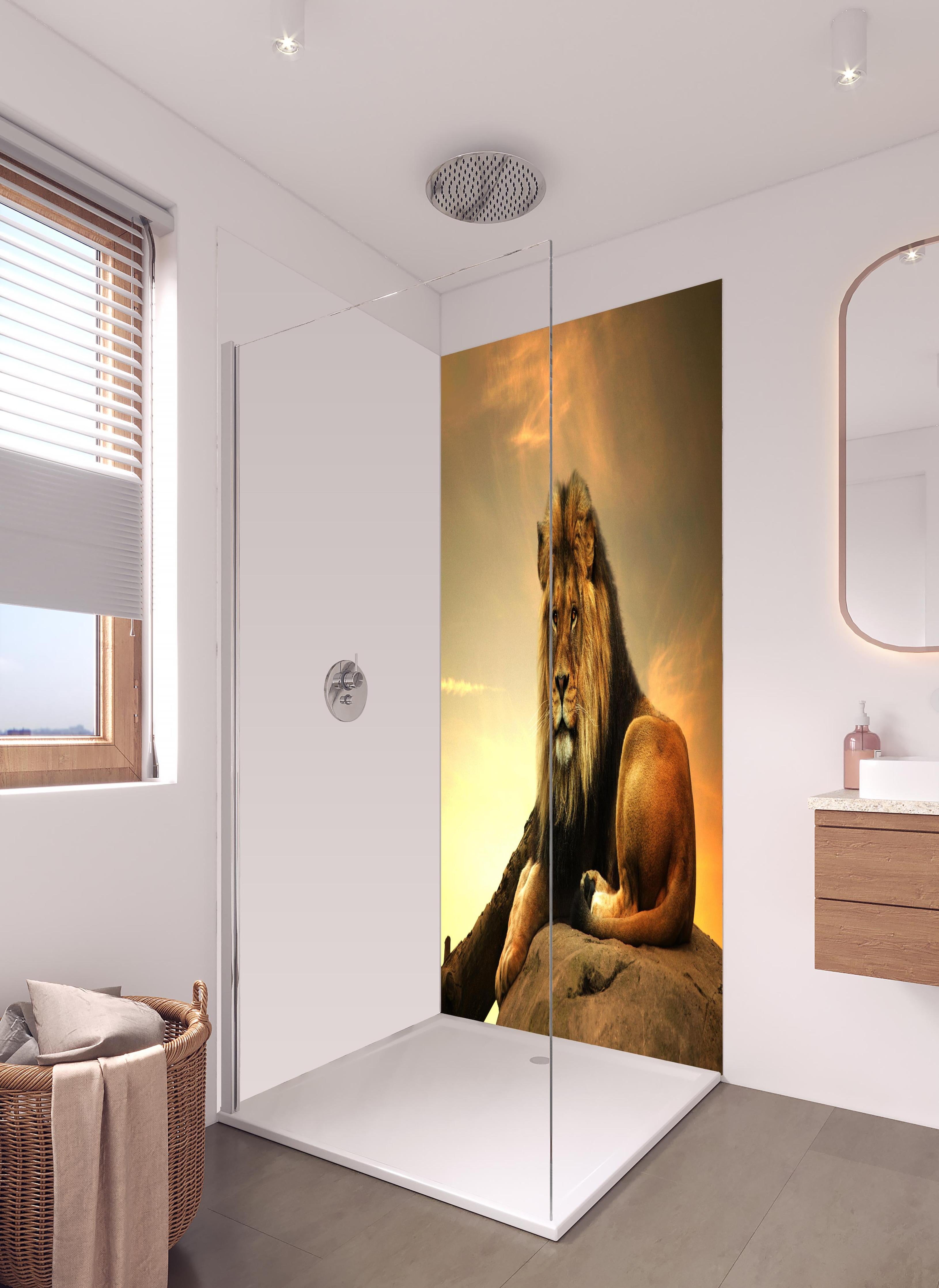 Duschrückwand - Majestätischer Löwe auf Fels in hellem Badezimmer mit Regenduschkopf - zweiteilige Eck-Duschrückwand