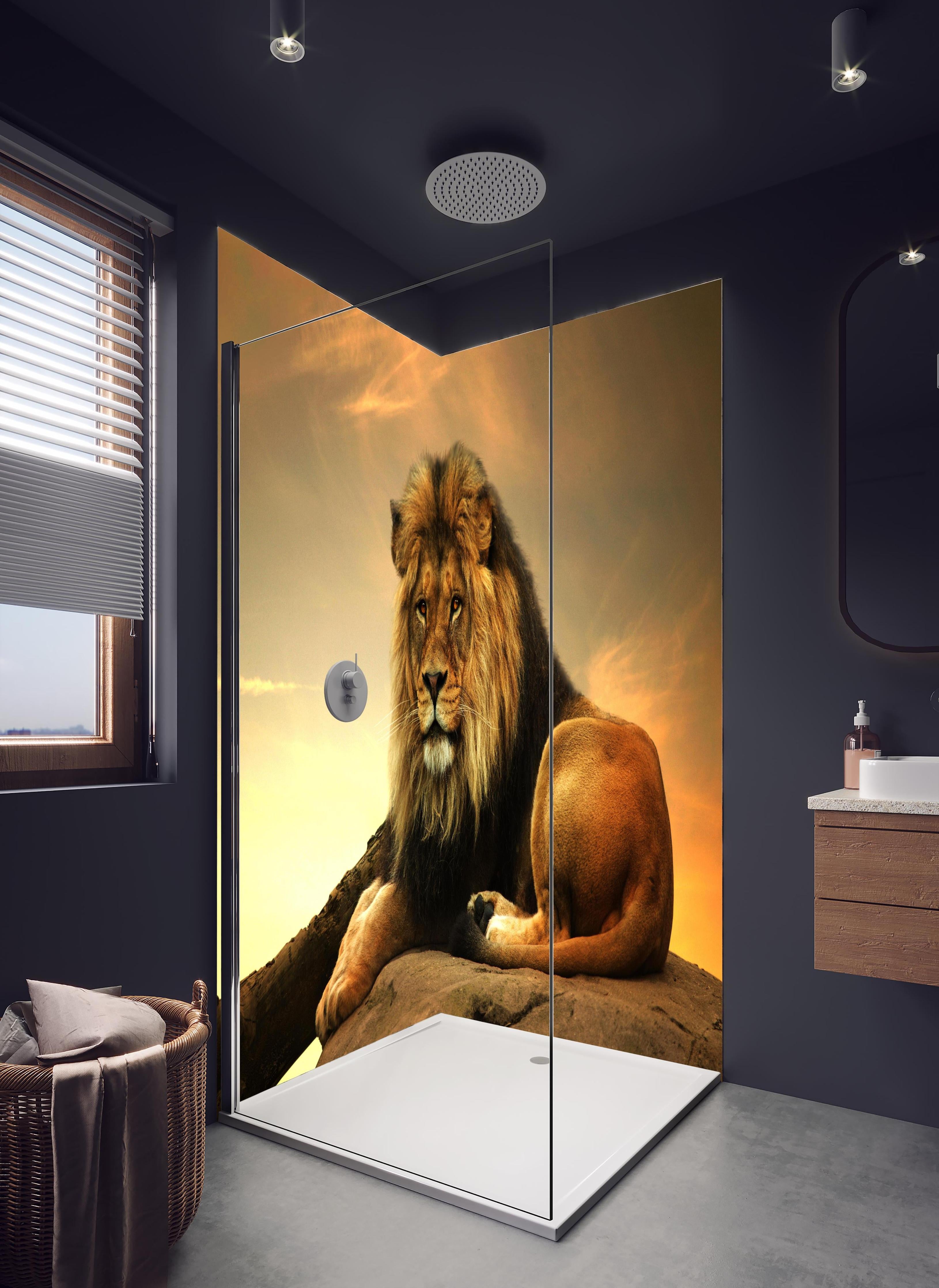 Duschrückwand - Majestätischer Löwe auf Fels in hellem Badezimmer mit Regenduschkopf - zweiteilige Eck-Duschrückwand