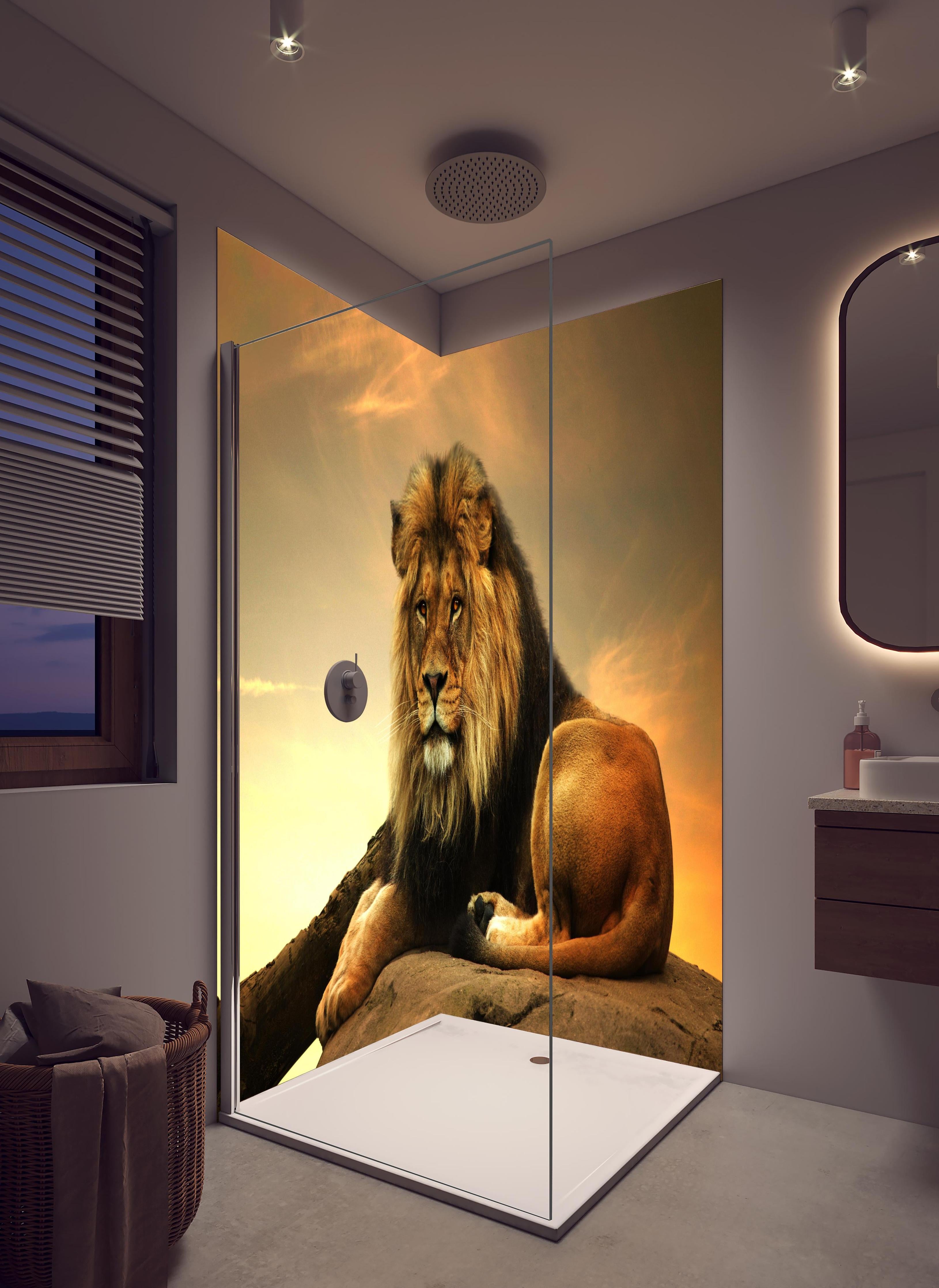 Duschrückwand - Majestätischer Löwe auf Fels in hellem Badezimmer mit Regenduschkopf - zweiteilige Eck-Duschrückwand