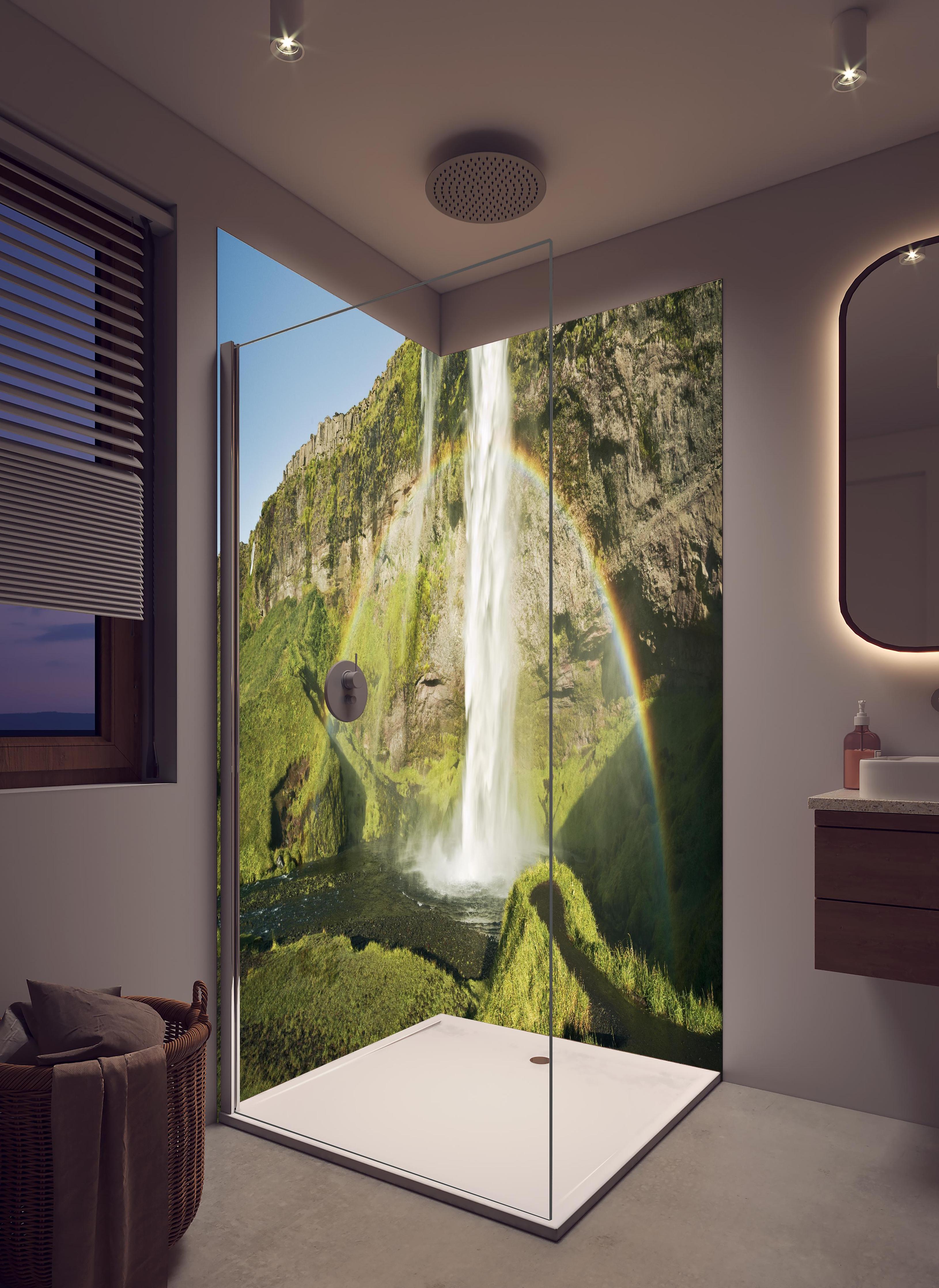 Duschrückwand - Majestätischer Wasserfall mit Regenbogen in Island in hellem Badezimmer mit Regenduschkopf - zweiteilige Eck-Duschrückwand