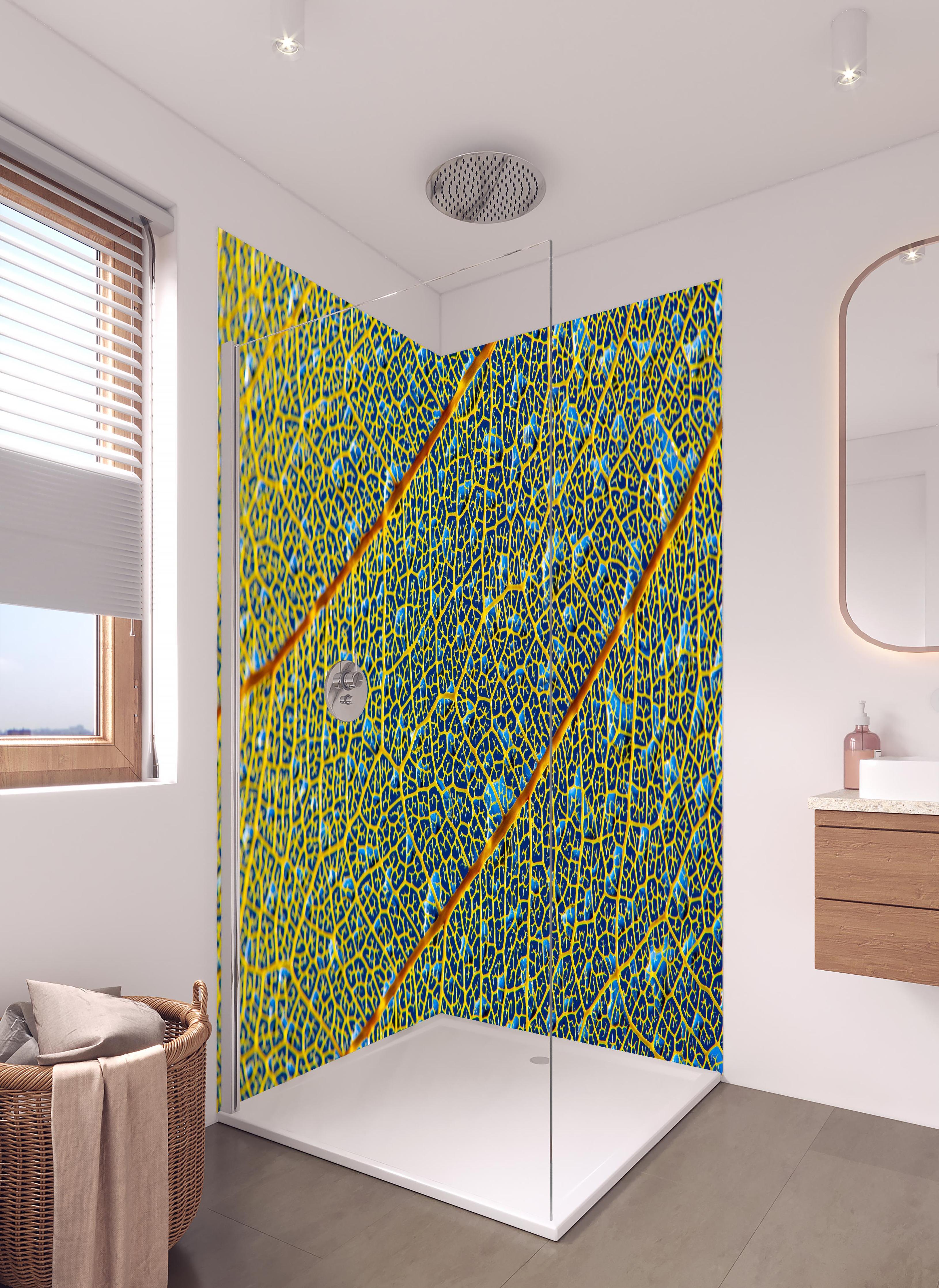 Duschrückwand - Makroaufnahme Gelbes Blatt mit Adern in hellem Badezimmer mit Regenduschkopf - zweiteilige Eck-Duschrückwand