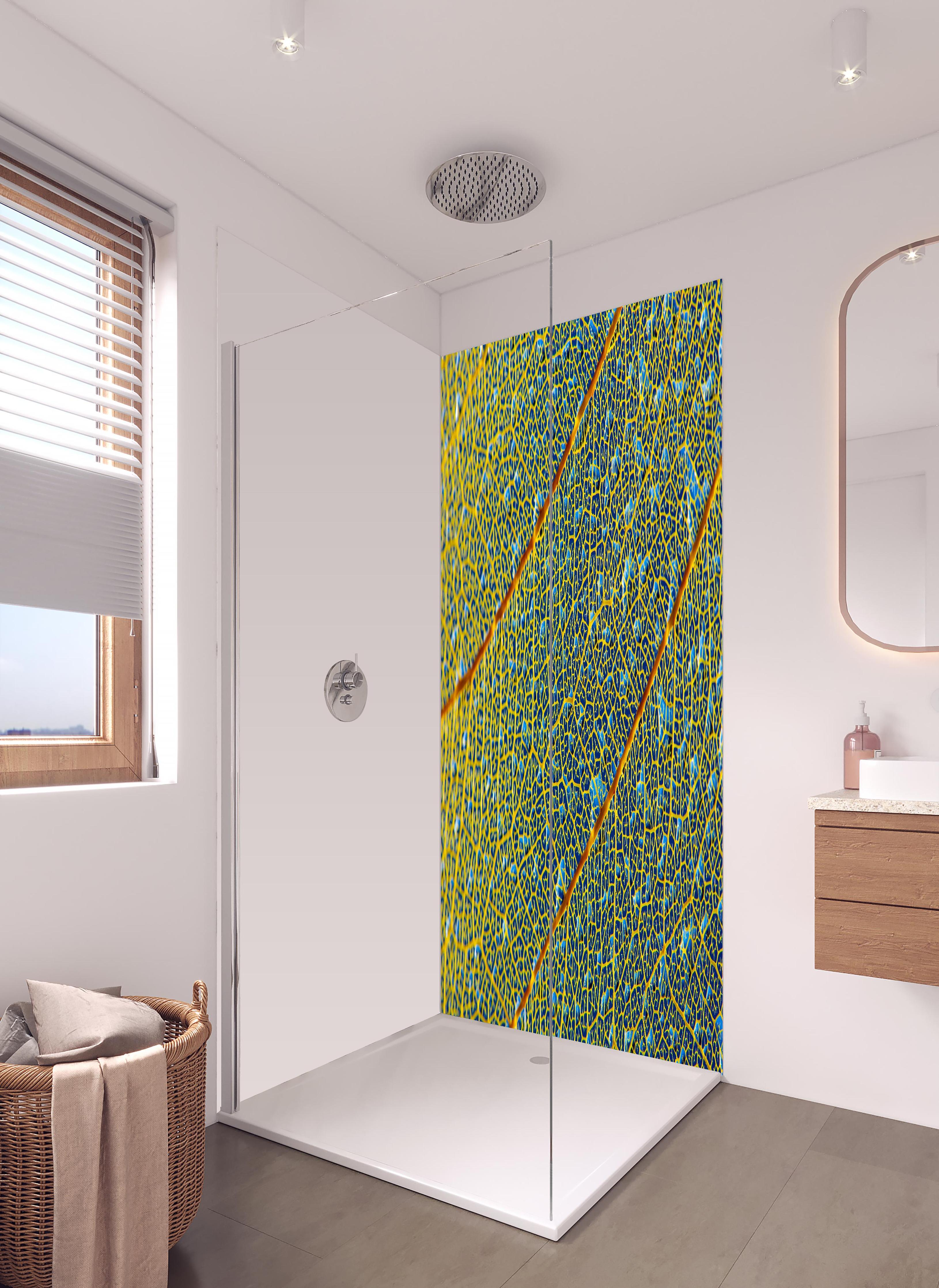 Duschrückwand - Makroaufnahme Gelbes Blatt mit Adern in hellem Badezimmer mit Regenduschkopf - zweiteilige Eck-Duschrückwand