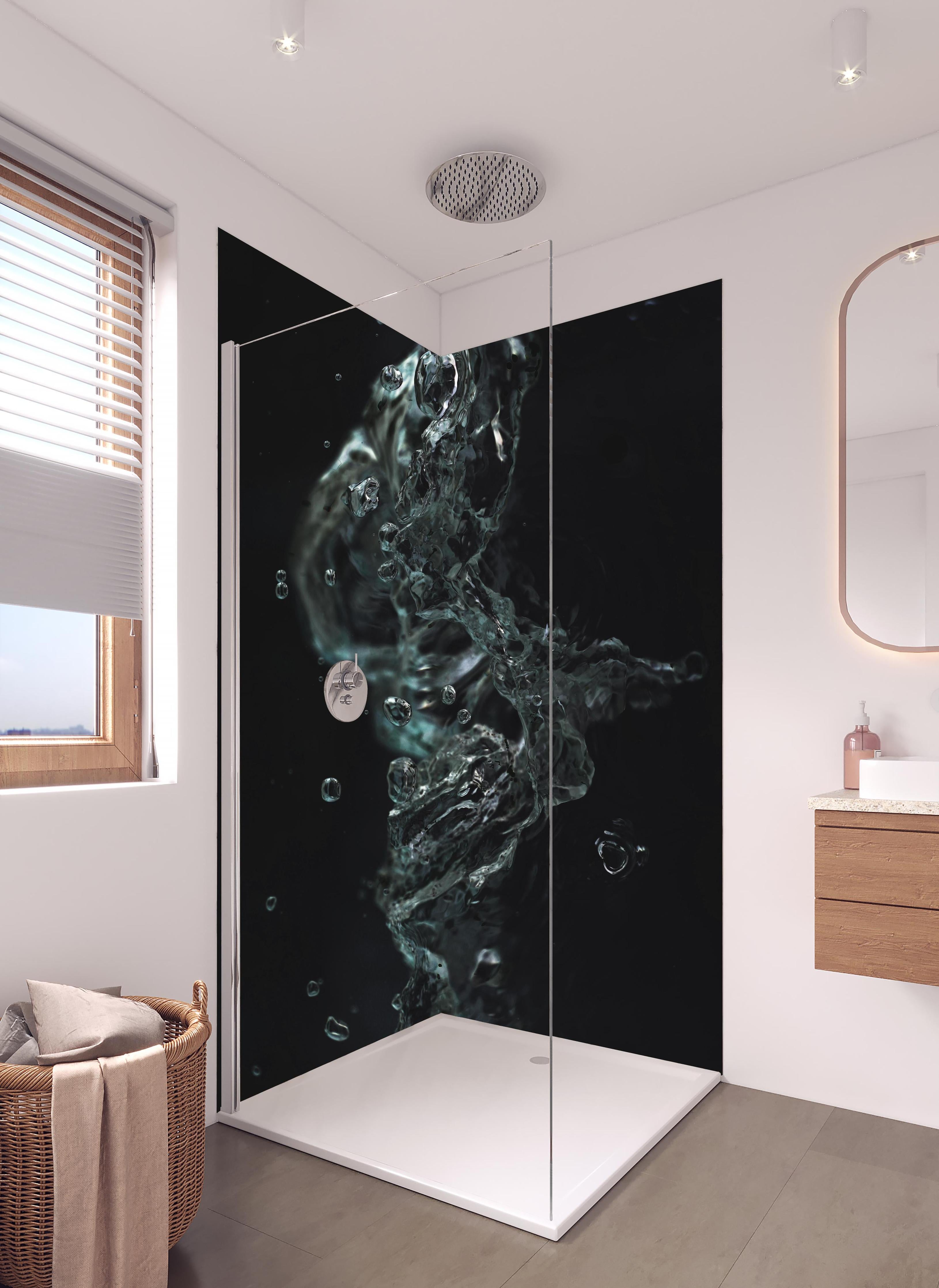 Duschrückwand - Makroaufnahme dunkelblauer Wasserwirbel in hellem Badezimmer mit Regenduschkopf - zweiteilige Eck-Duschrückwand