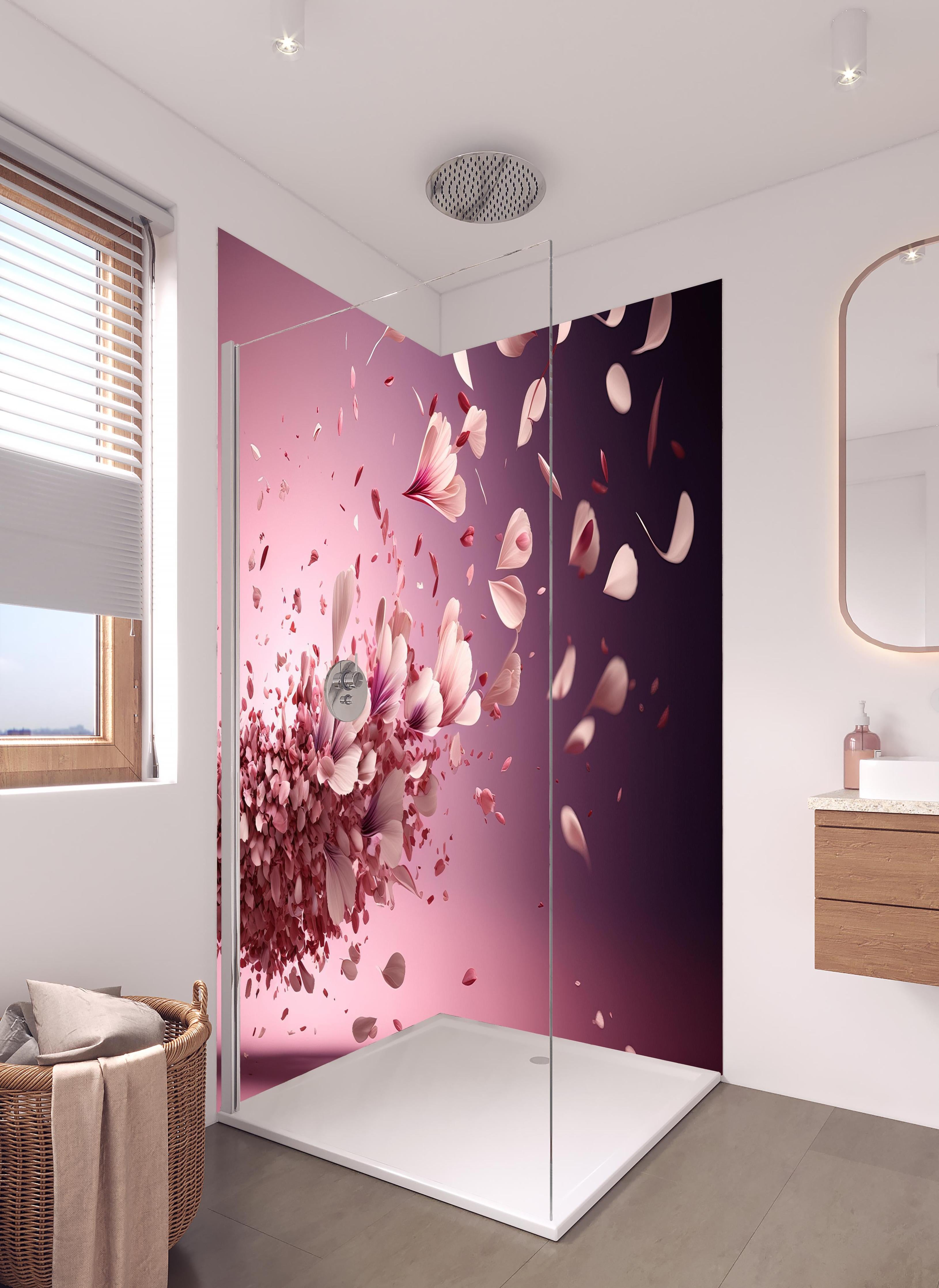 Duschrückwand - Malerische Sakura Blüten Explosion in Rosa in hellem Badezimmer mit Regenduschkopf - zweiteilige Eck-Duschrückwand