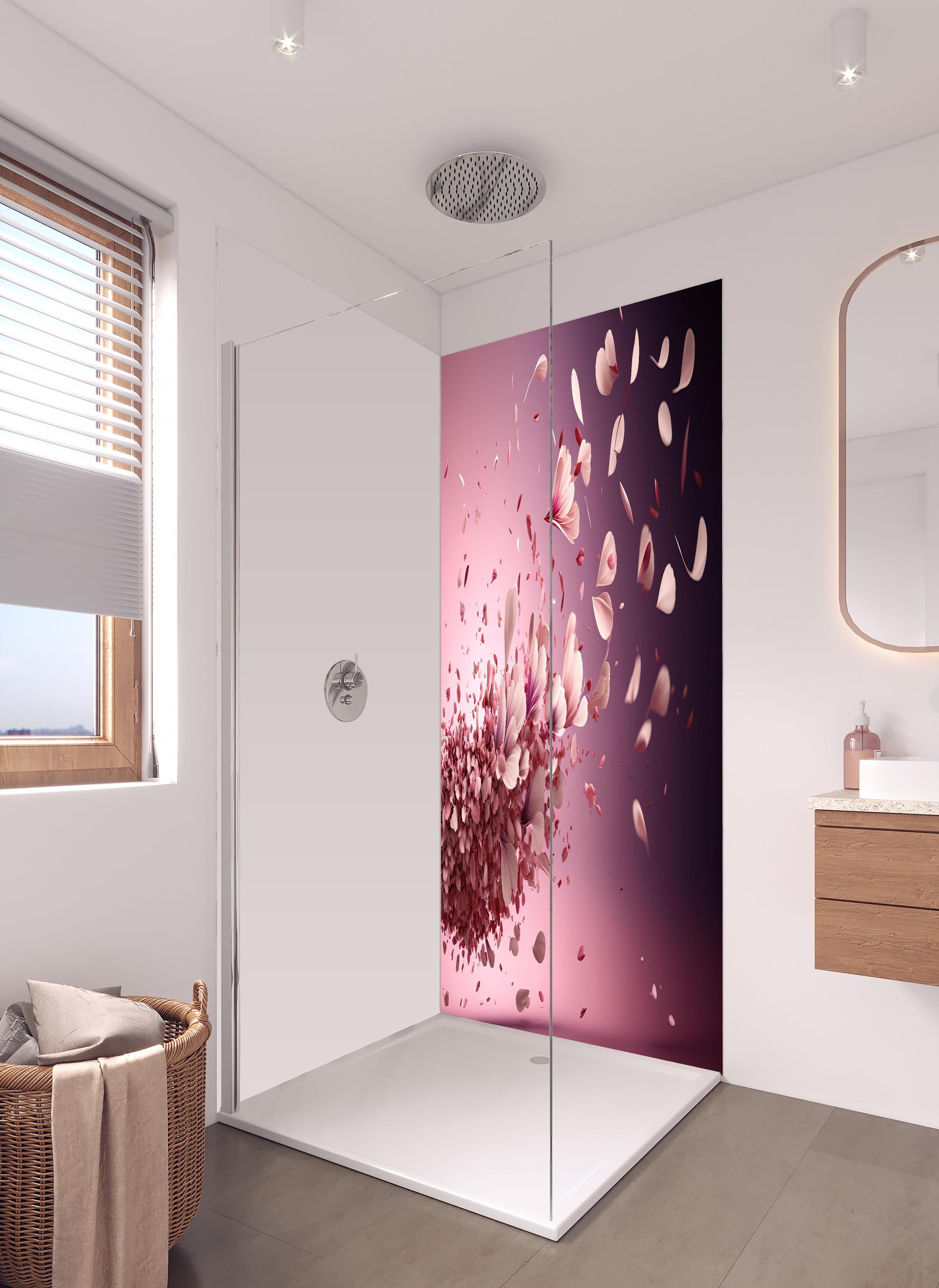 Duschrückwand - Malerische Sakura Blüten Explosion in Rosa in hellem Badezimmer mit Regenduschkopf - zweiteilige Eck-Duschrückwand