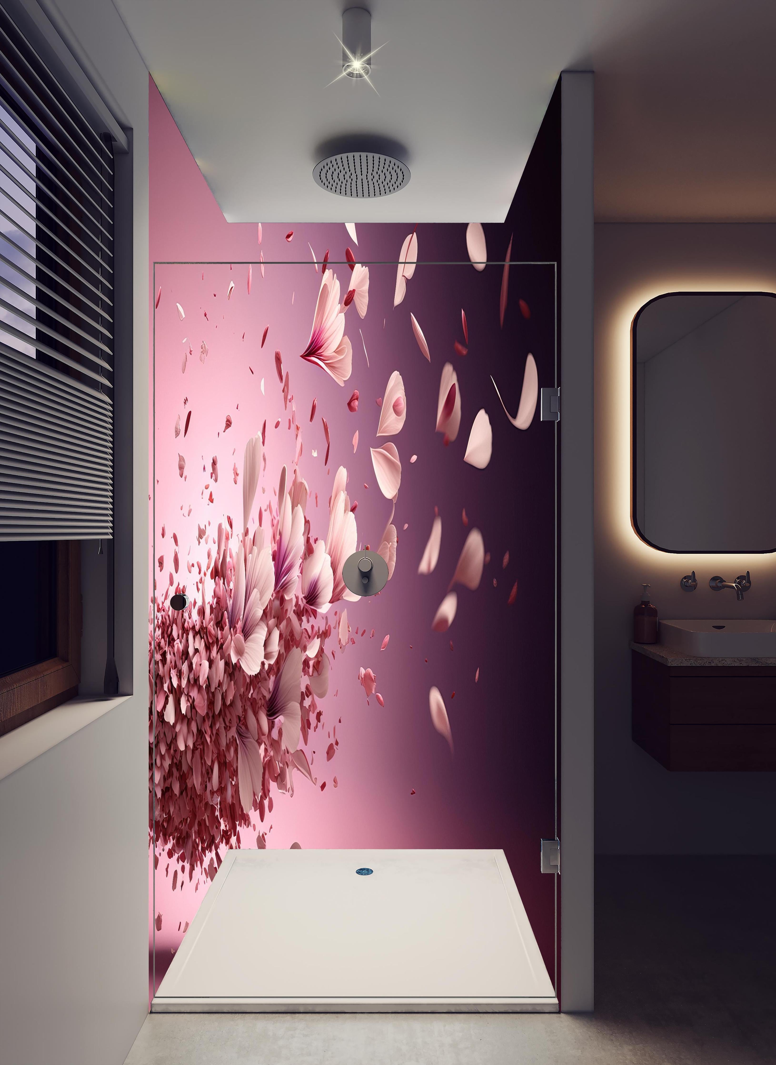Duschrückwand - Malerische Sakura Blüten Explosion in Rosa in hellem Badezimmer mit Regenduschkopf - zweiteilige Eck-Duschrückwand