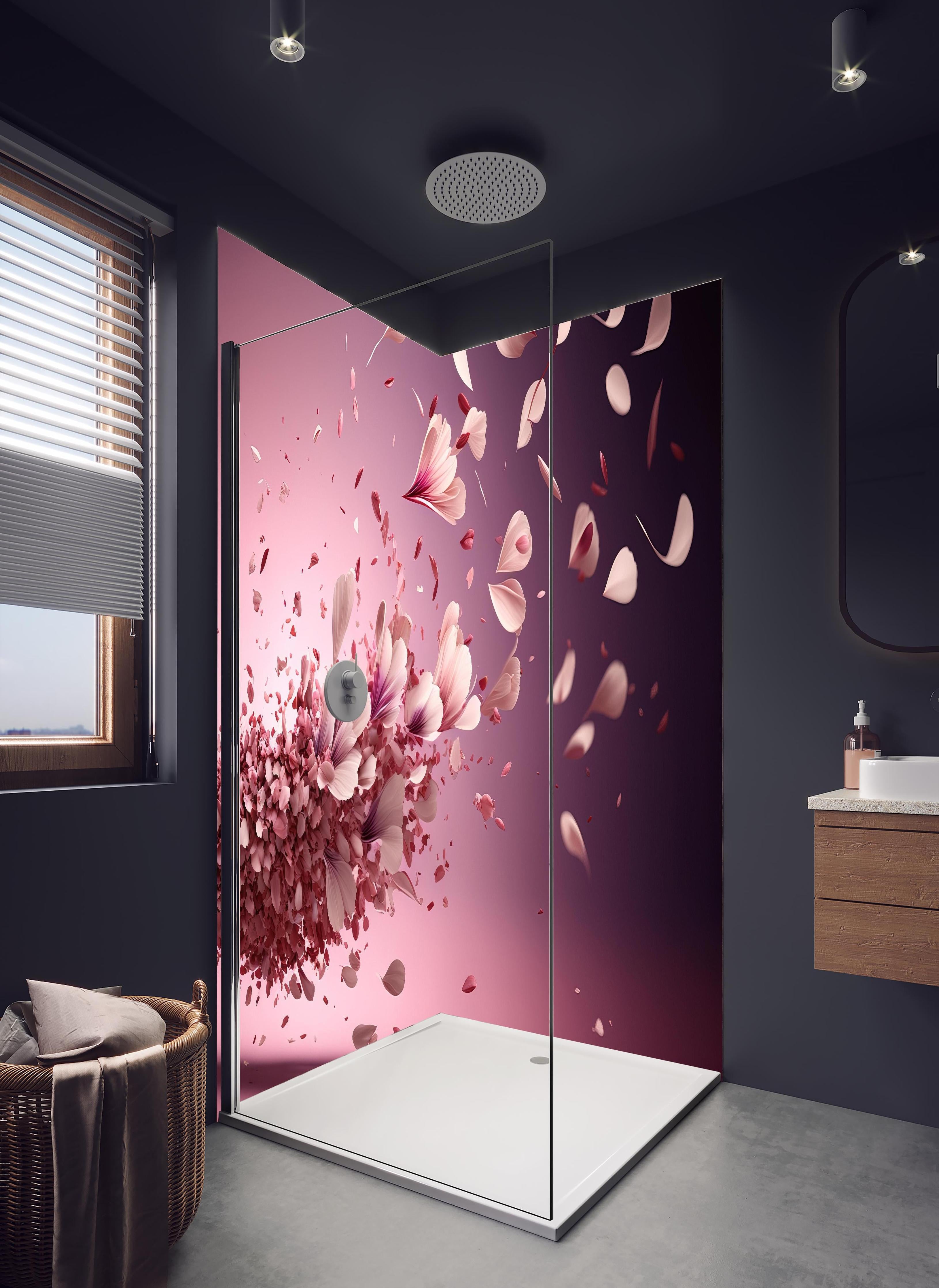 Duschrückwand - Malerische Sakura Blüten Explosion in Rosa in hellem Badezimmer mit Regenduschkopf - zweiteilige Eck-Duschrückwand