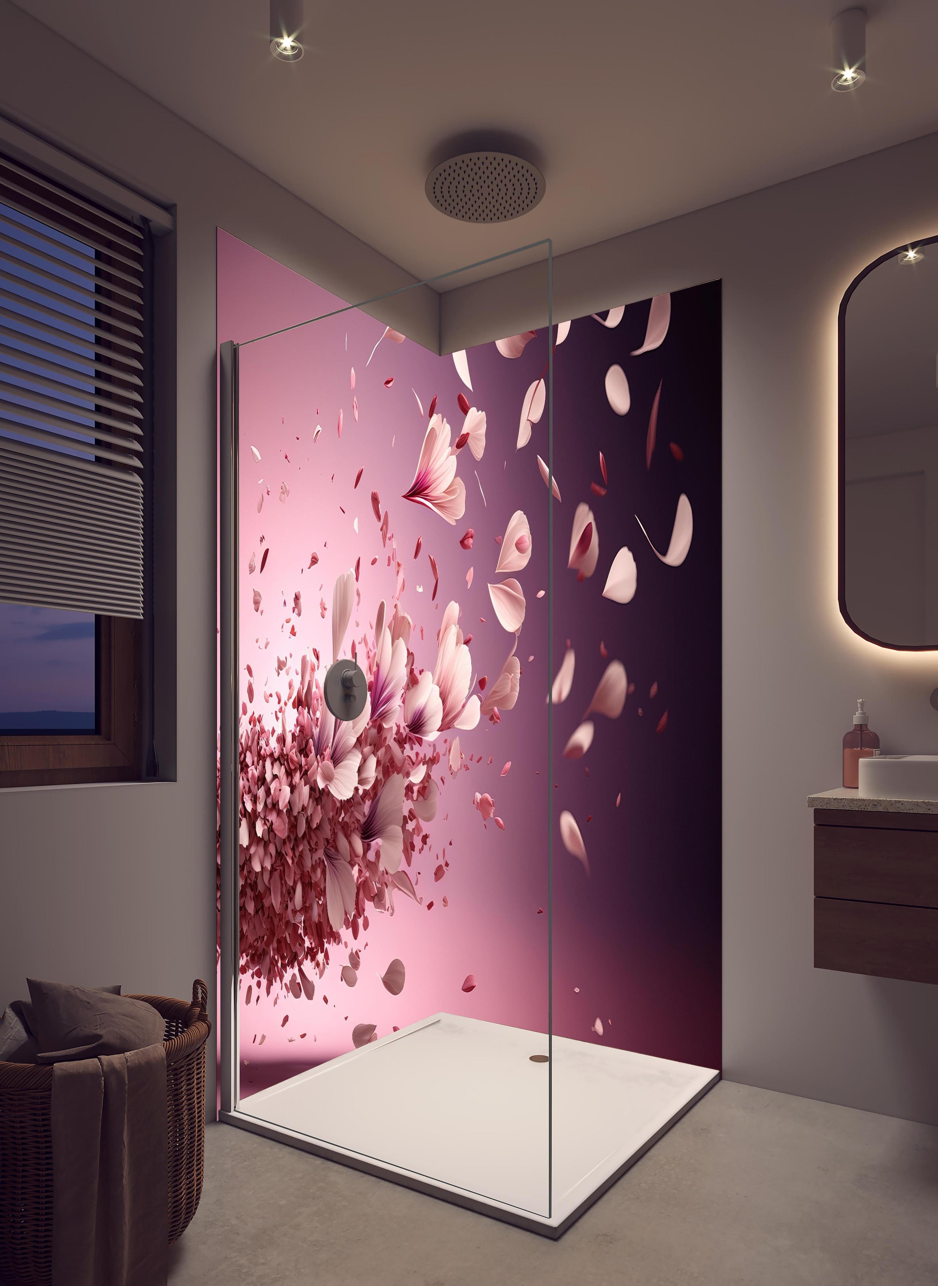 Duschrückwand - Malerische Sakura Blüten Explosion in Rosa in hellem Badezimmer mit Regenduschkopf - zweiteilige Eck-Duschrückwand