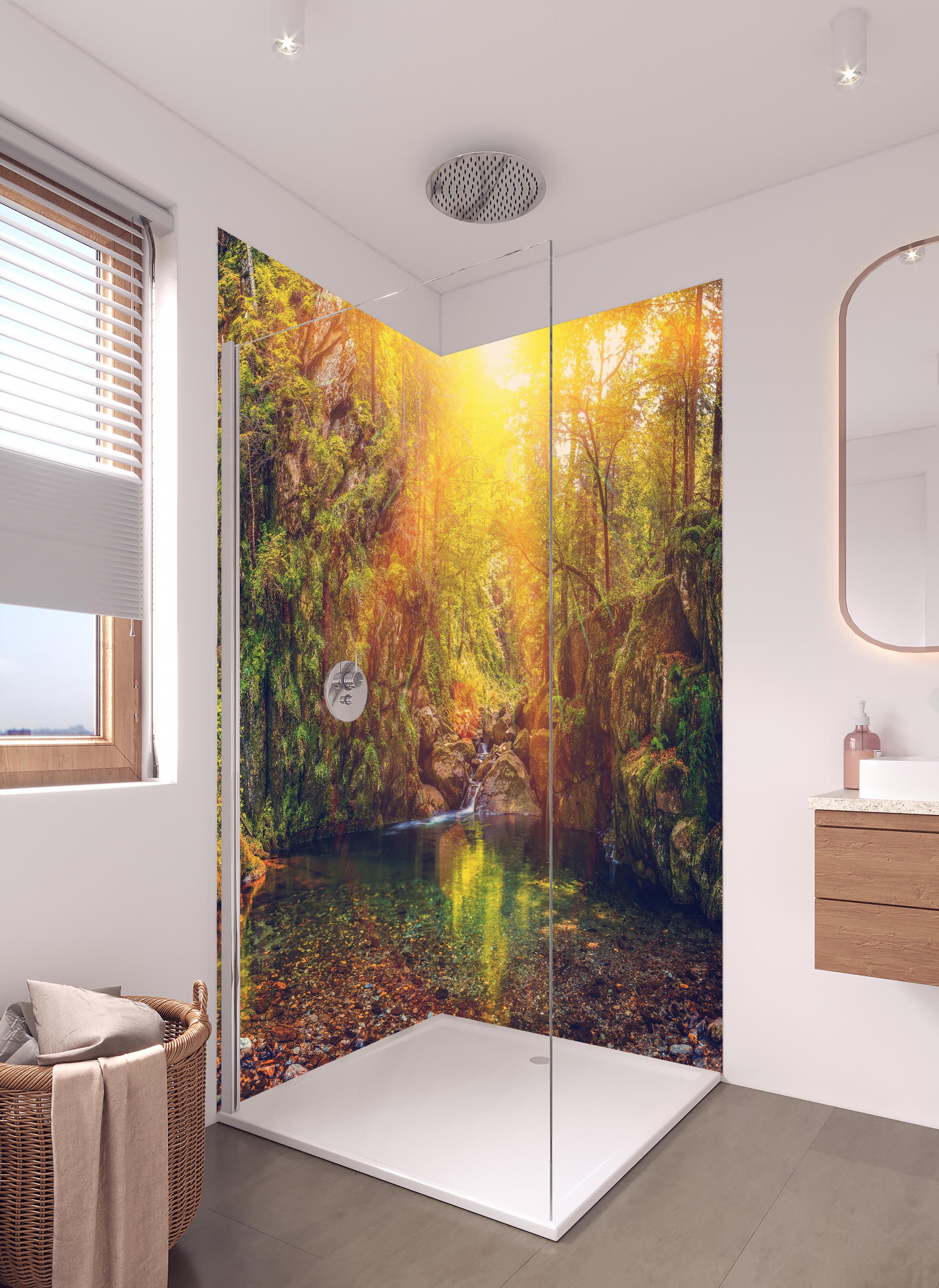 Duschrückwand - Malerischer Sonnenuntergang am Waldsee in hellem Badezimmer mit Regenduschkopf - zweiteilige Eck-Duschrückwand