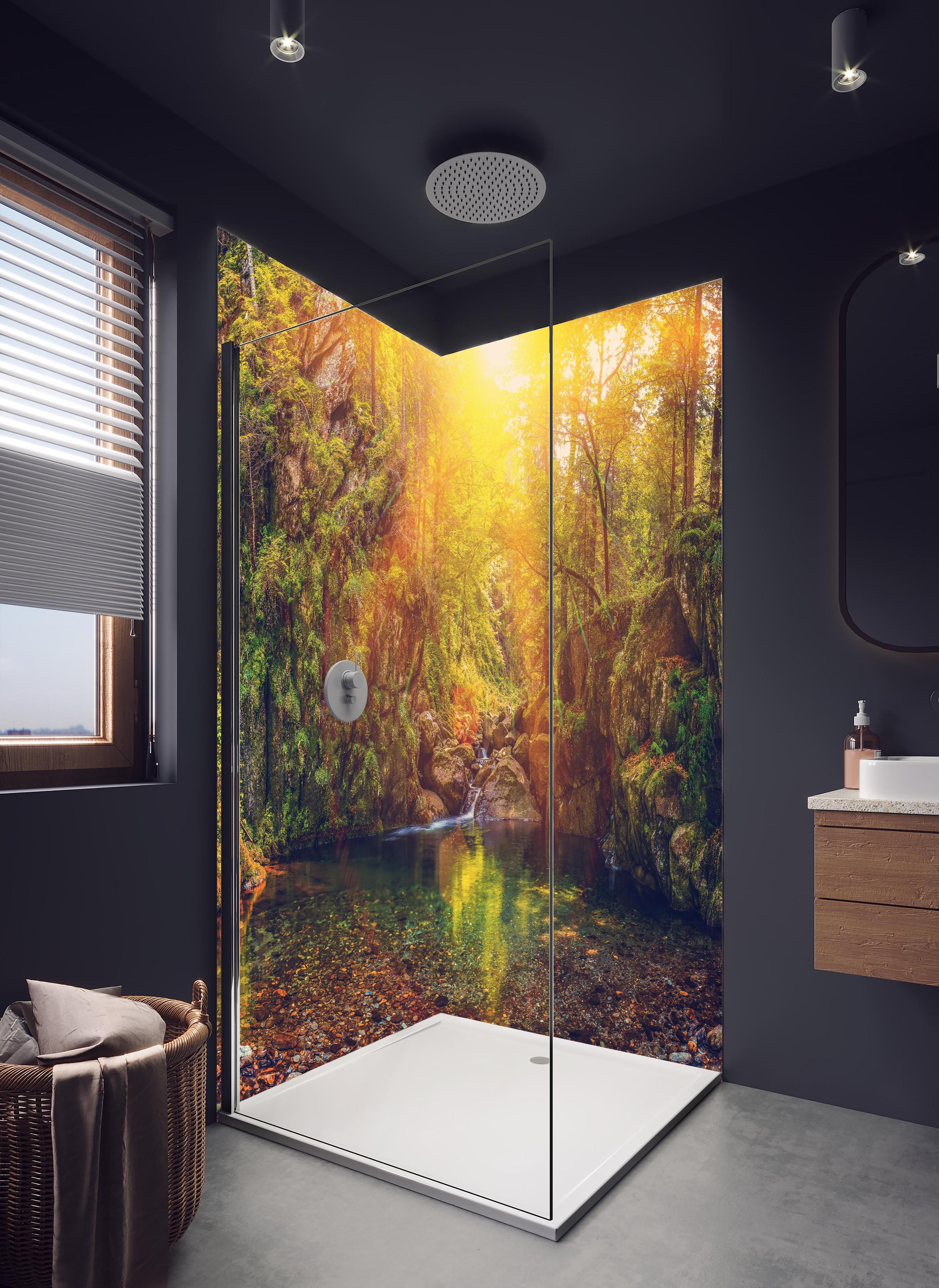 Duschrückwand - Malerischer Sonnenuntergang am Waldsee in hellem Badezimmer mit Regenduschkopf - zweiteilige Eck-Duschrückwand