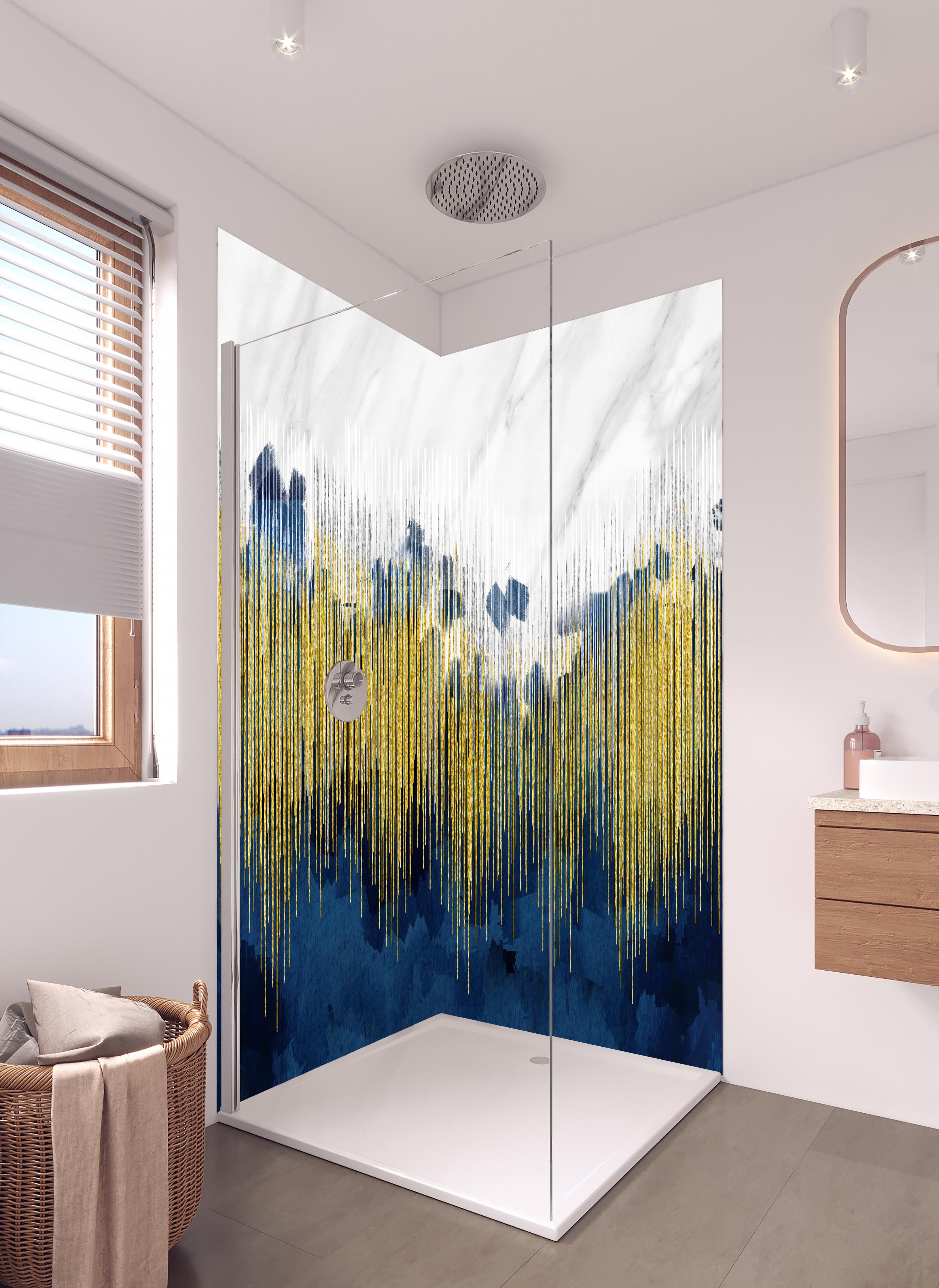Duschrückwand - Marmor Kunst Tapete - 3D in hellem Badezimmer mit Regenduschkopf - zweiteilige Eck-Duschrückwand