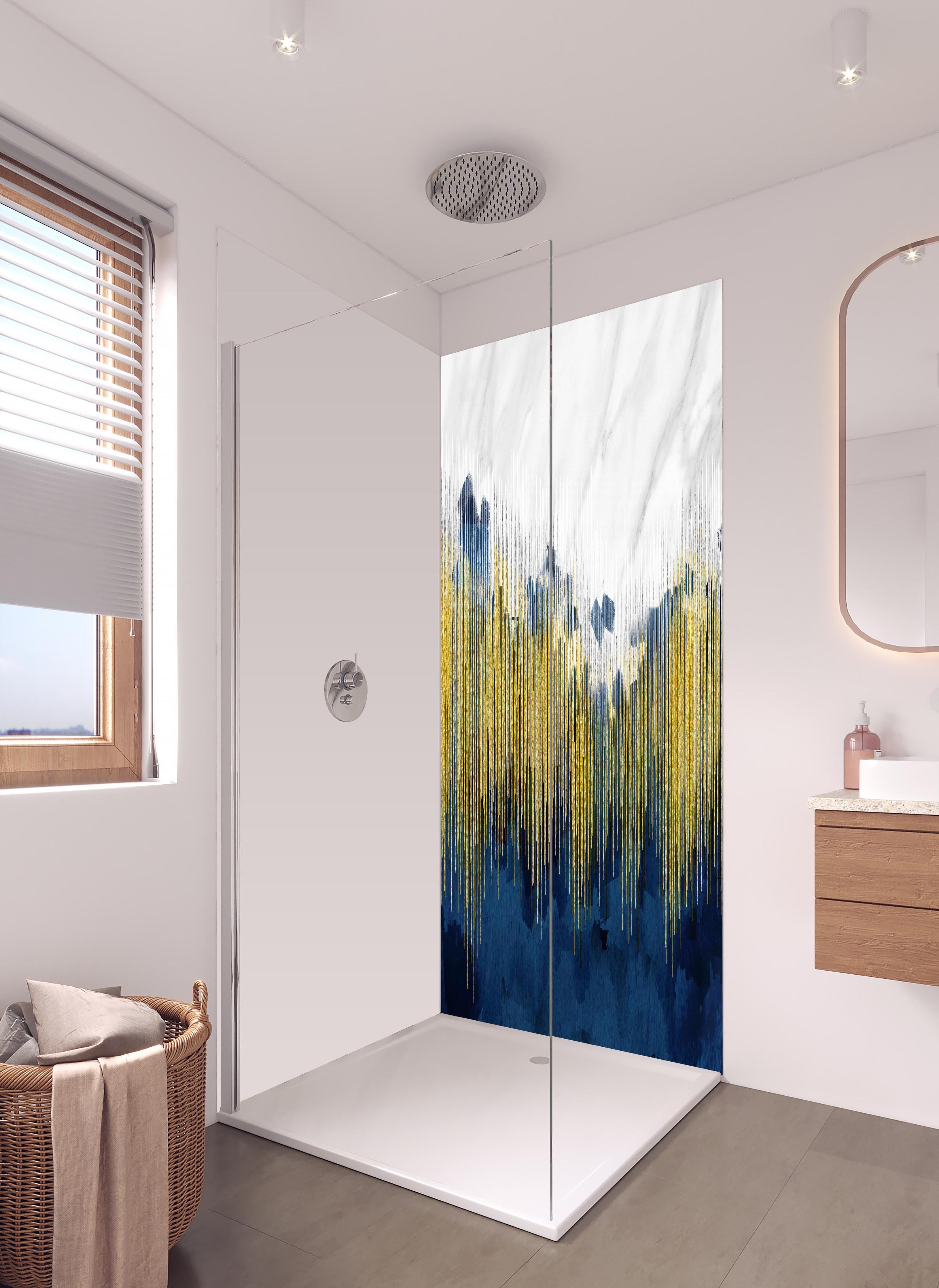 Duschrückwand - Marmor Kunst Tapete - 3D in hellem Badezimmer mit Regenduschkopf - zweiteilige Eck-Duschrückwand