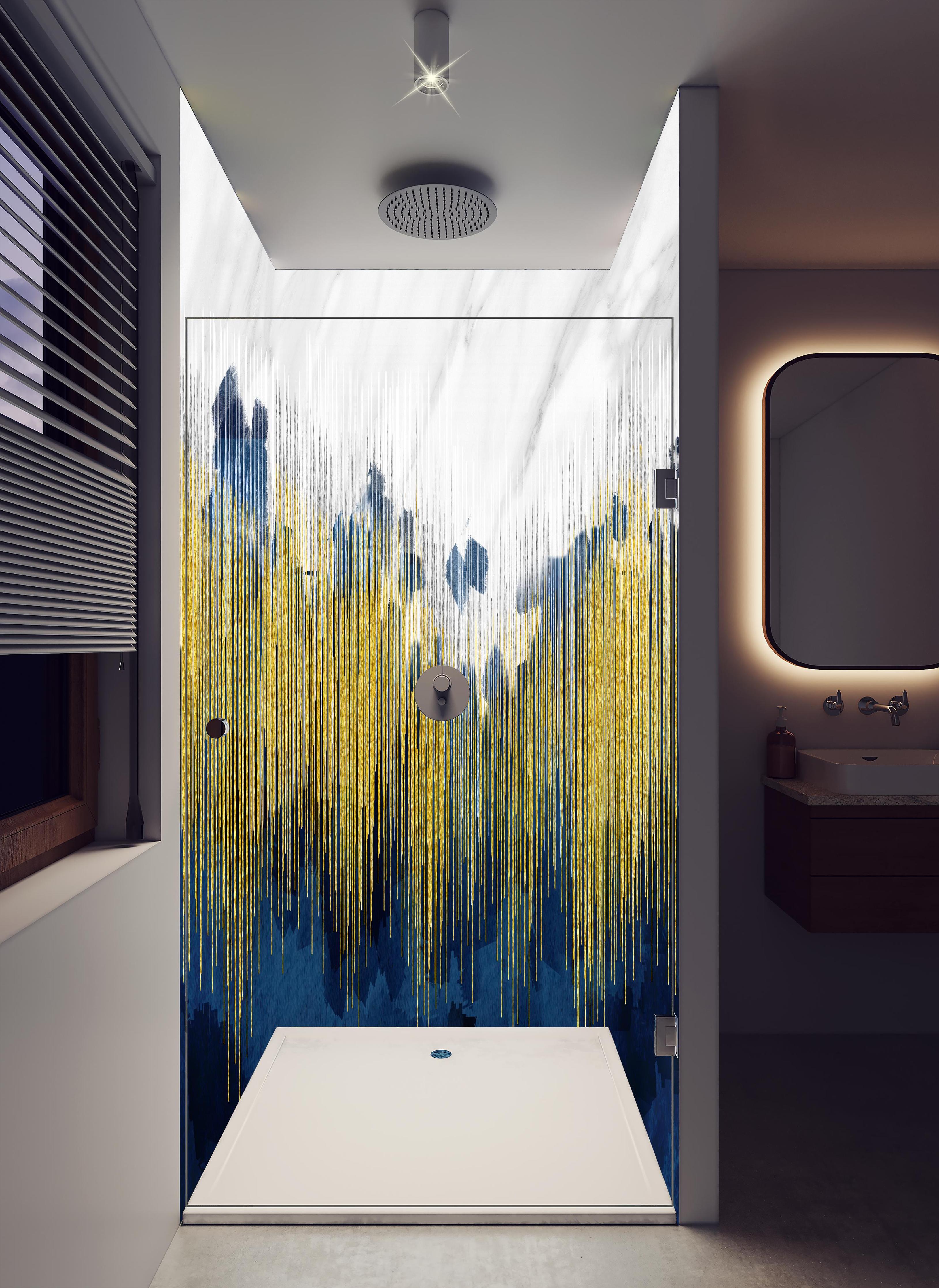 Duschrückwand - Marmor Kunst Tapete - 3D in hellem Badezimmer mit Regenduschkopf - zweiteilige Eck-Duschrückwand