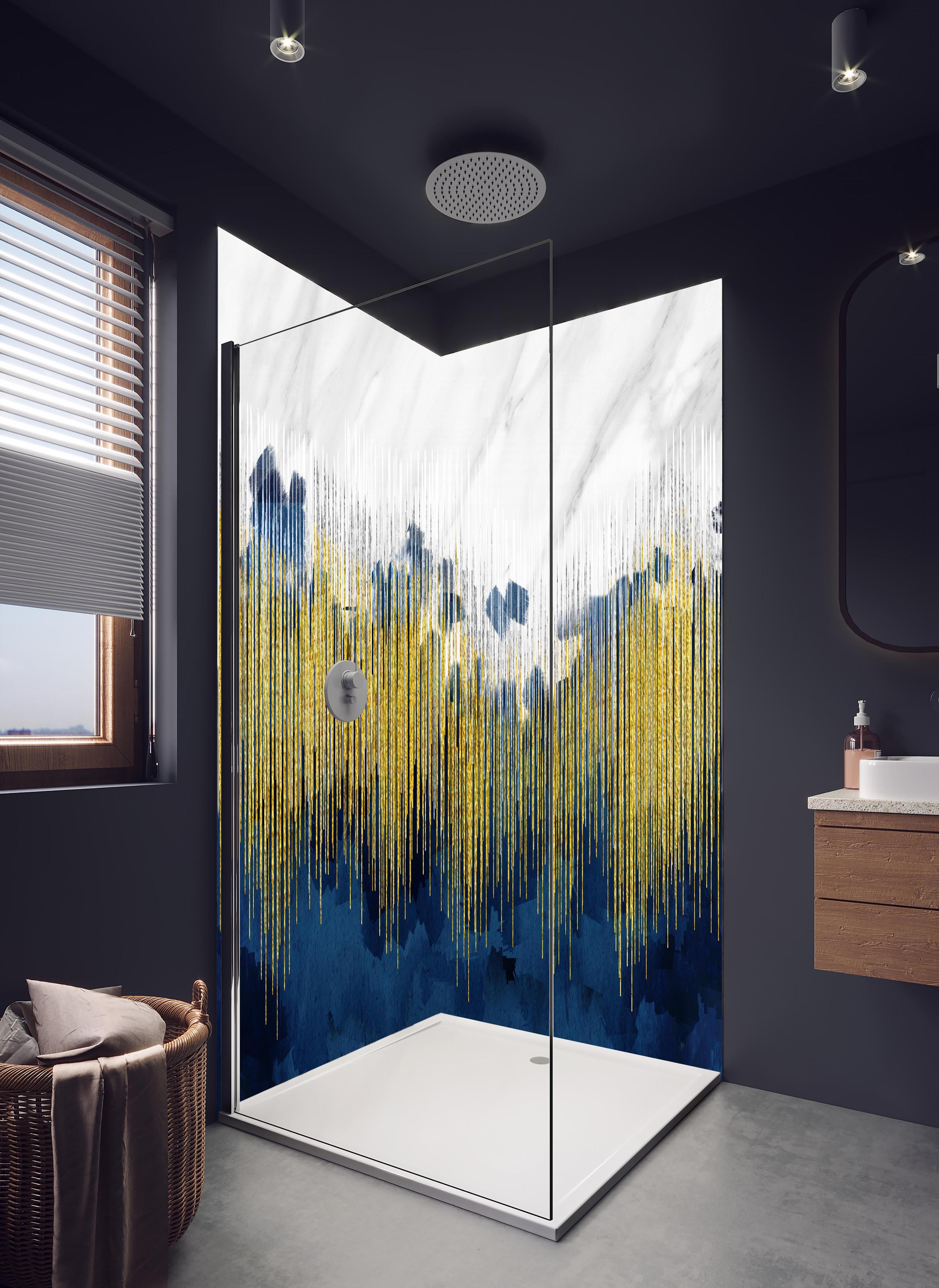 Duschrückwand - Marmor Kunst Tapete - 3D in hellem Badezimmer mit Regenduschkopf - zweiteilige Eck-Duschrückwand