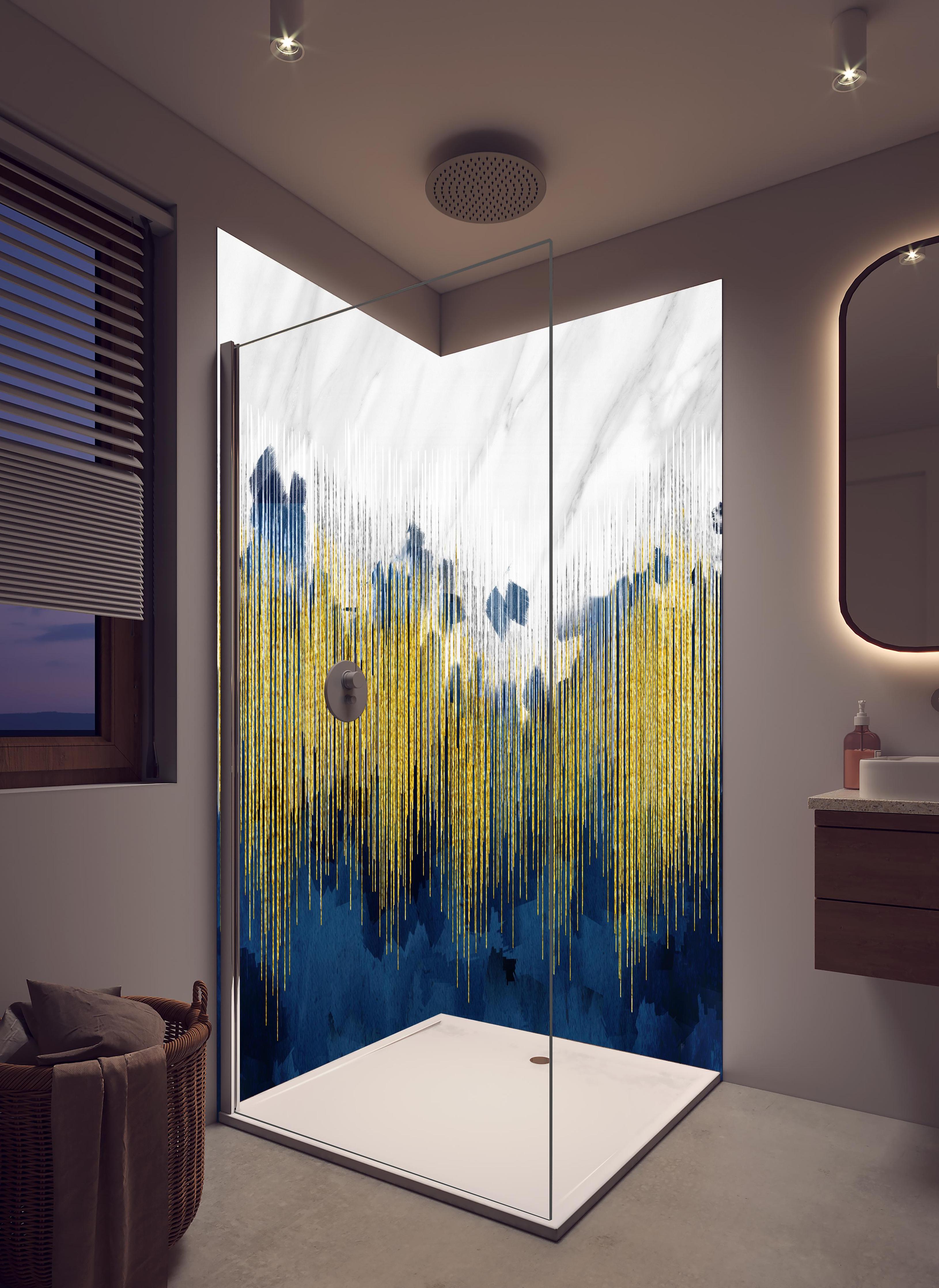 Duschrückwand - Marmor Kunst Tapete - 3D in hellem Badezimmer mit Regenduschkopf - zweiteilige Eck-Duschrückwand