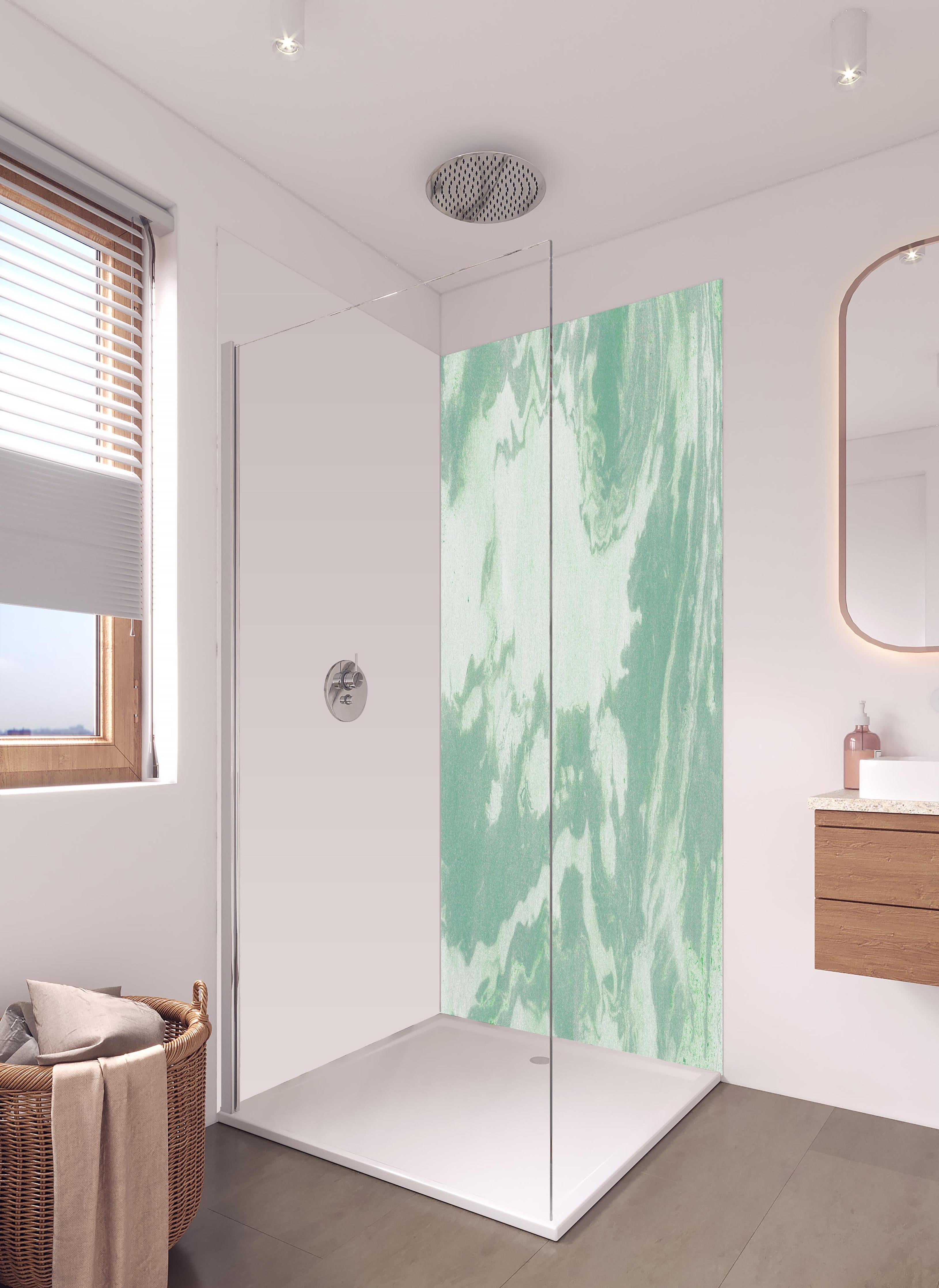 Duschrückwand - Marmor Oberfläche - Pastellmalerei in hellem Badezimmer mit Regenduschkopf - zweiteilige Eck-Duschrückwand