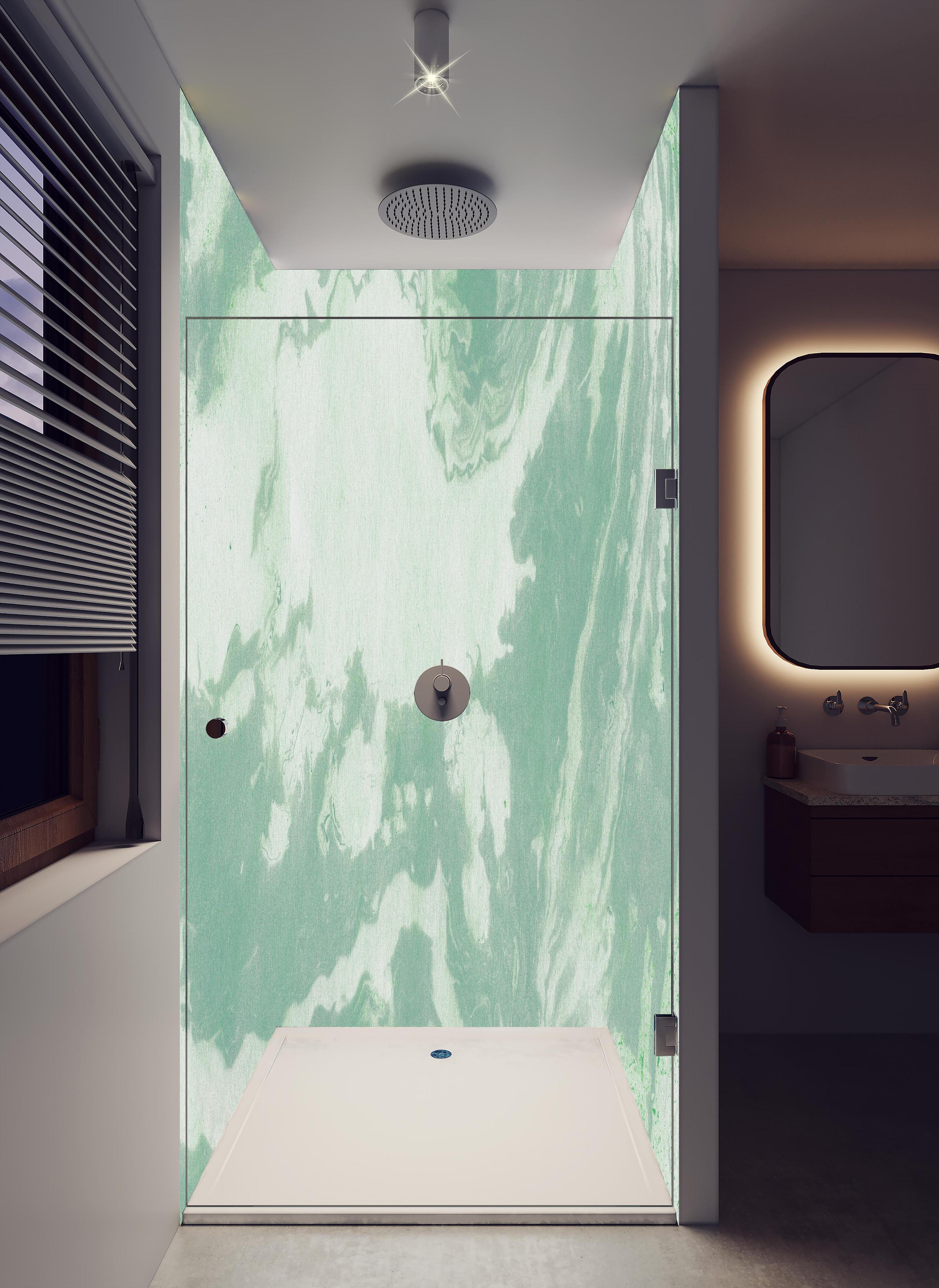 Duschrückwand - Marmor Oberfläche - Pastellmalerei in hellem Badezimmer mit Regenduschkopf - zweiteilige Eck-Duschrückwand