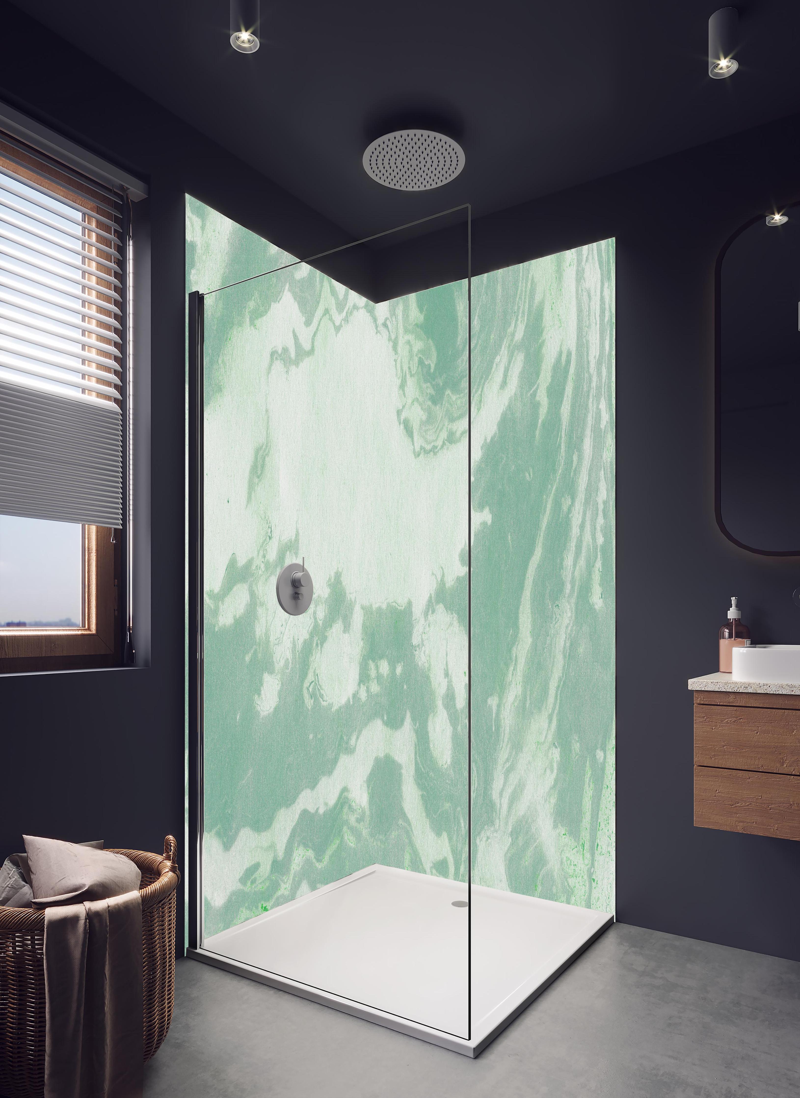 Duschrückwand - Marmor Oberfläche - Pastellmalerei in hellem Badezimmer mit Regenduschkopf - zweiteilige Eck-Duschrückwand