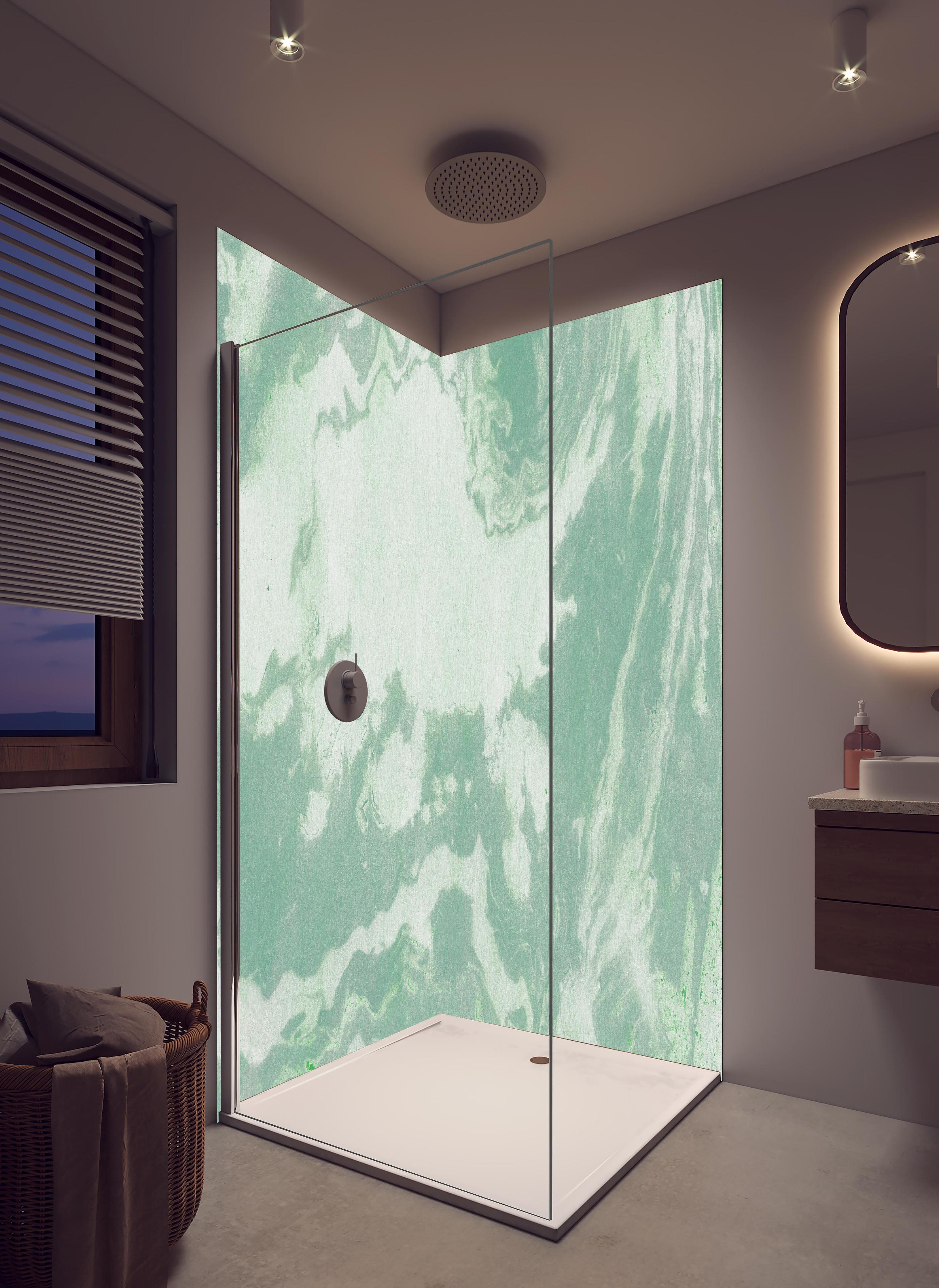 Duschrückwand - Marmor Oberfläche - Pastellmalerei in hellem Badezimmer mit Regenduschkopf - zweiteilige Eck-Duschrückwand
