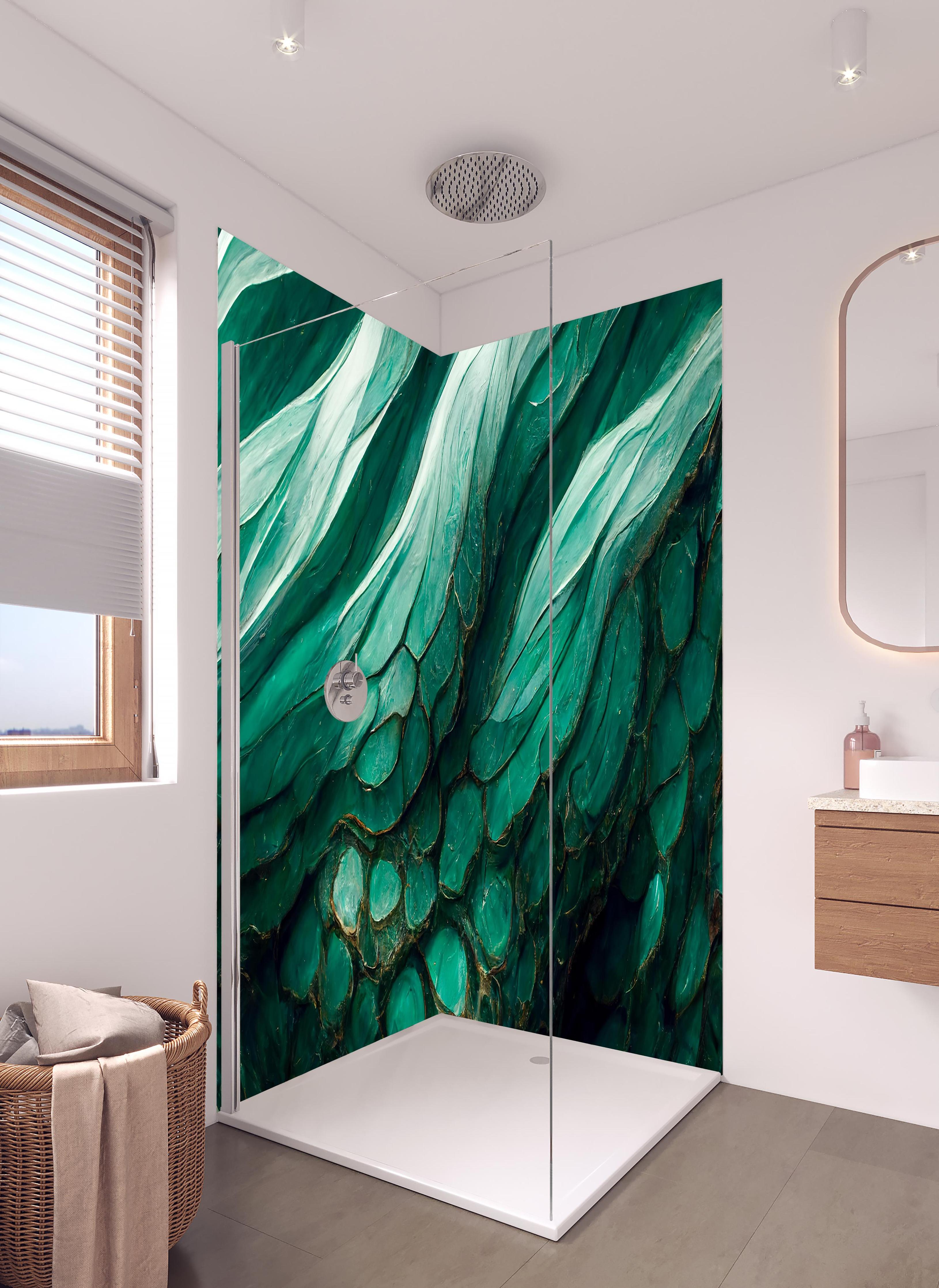 Duschrückwand - Marmor Wirbel wie die Wellen von Achat in hellem Badezimmer mit Regenduschkopf - zweiteilige Eck-Duschrückwand
