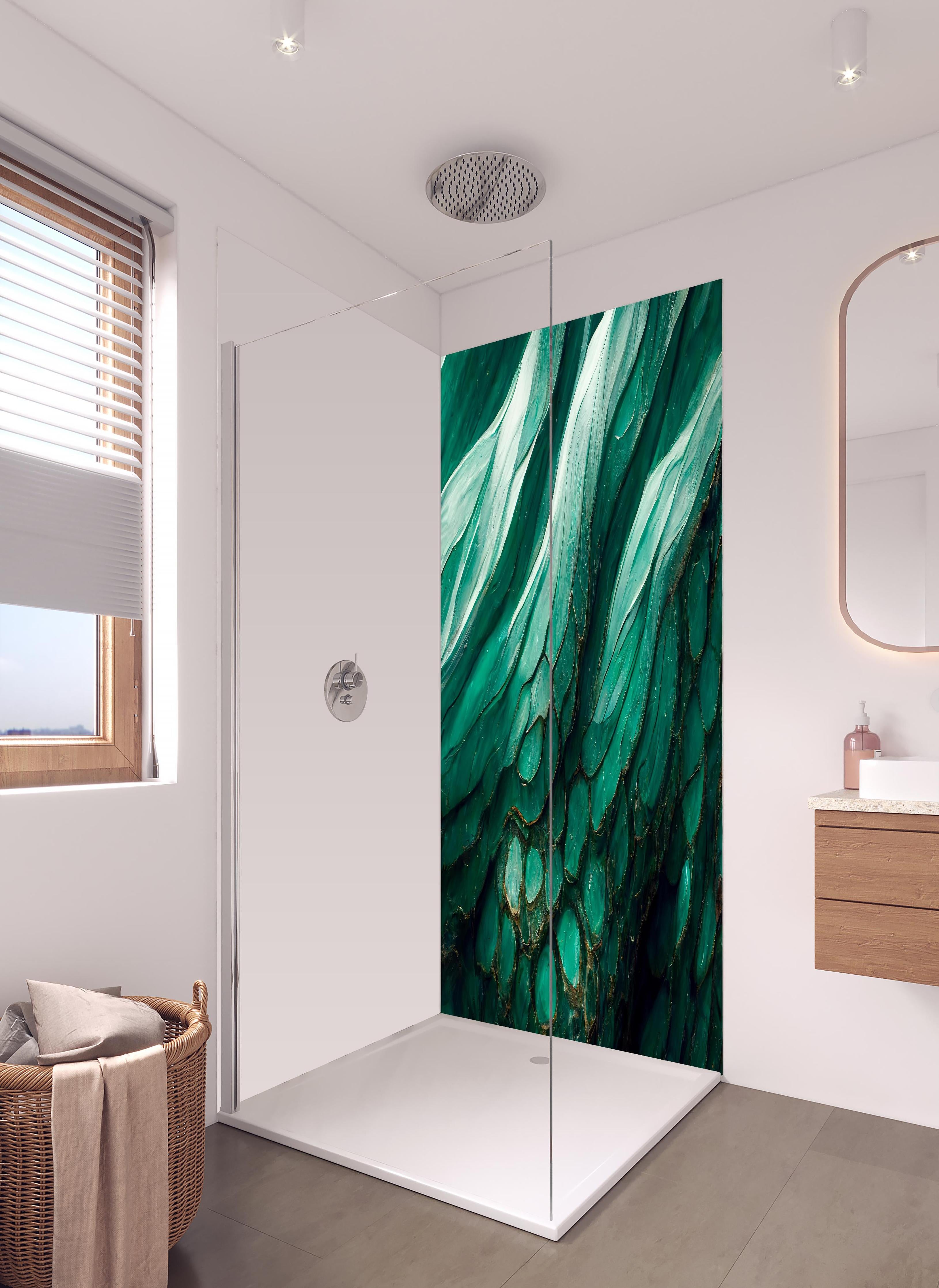 Duschrückwand - Marmor Wirbel wie die Wellen von Achat in hellem Badezimmer mit Regenduschkopf - zweiteilige Eck-Duschrückwand