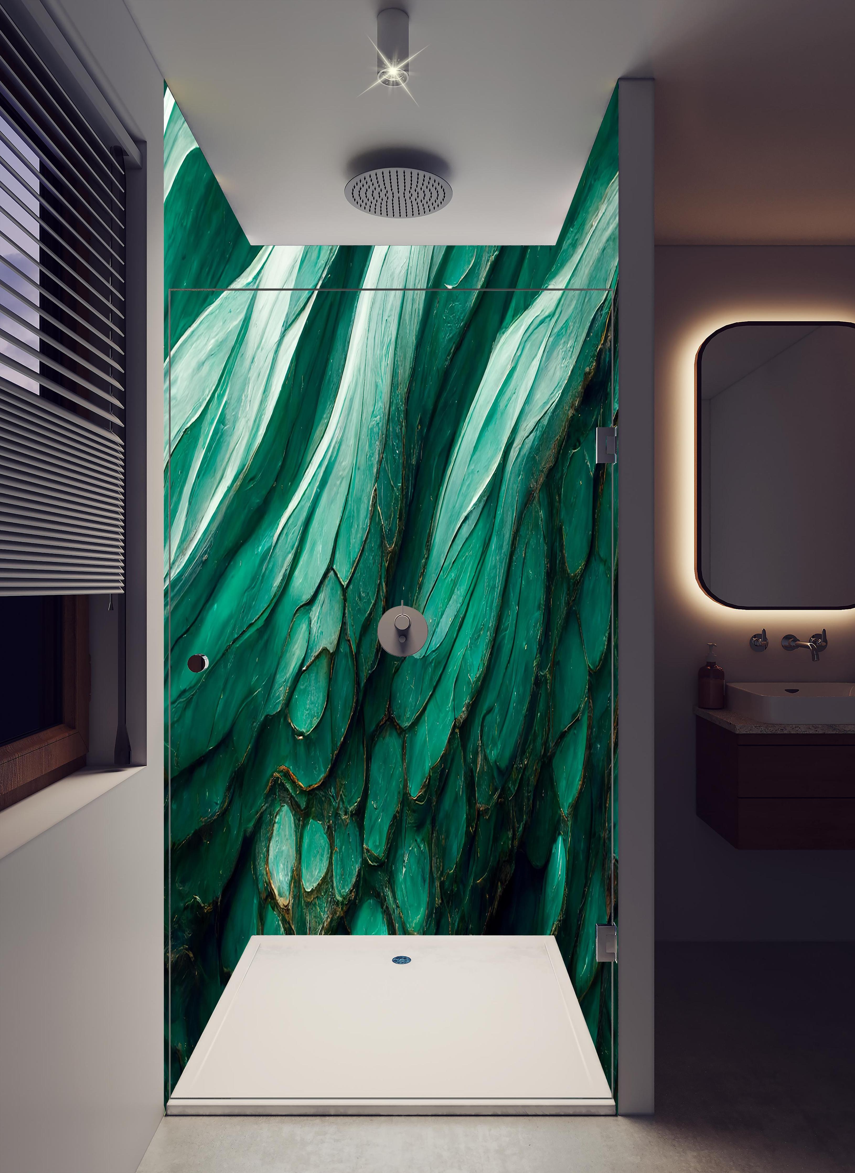 Duschrückwand - Marmor Wirbel wie die Wellen von Achat in hellem Badezimmer mit Regenduschkopf - zweiteilige Eck-Duschrückwand