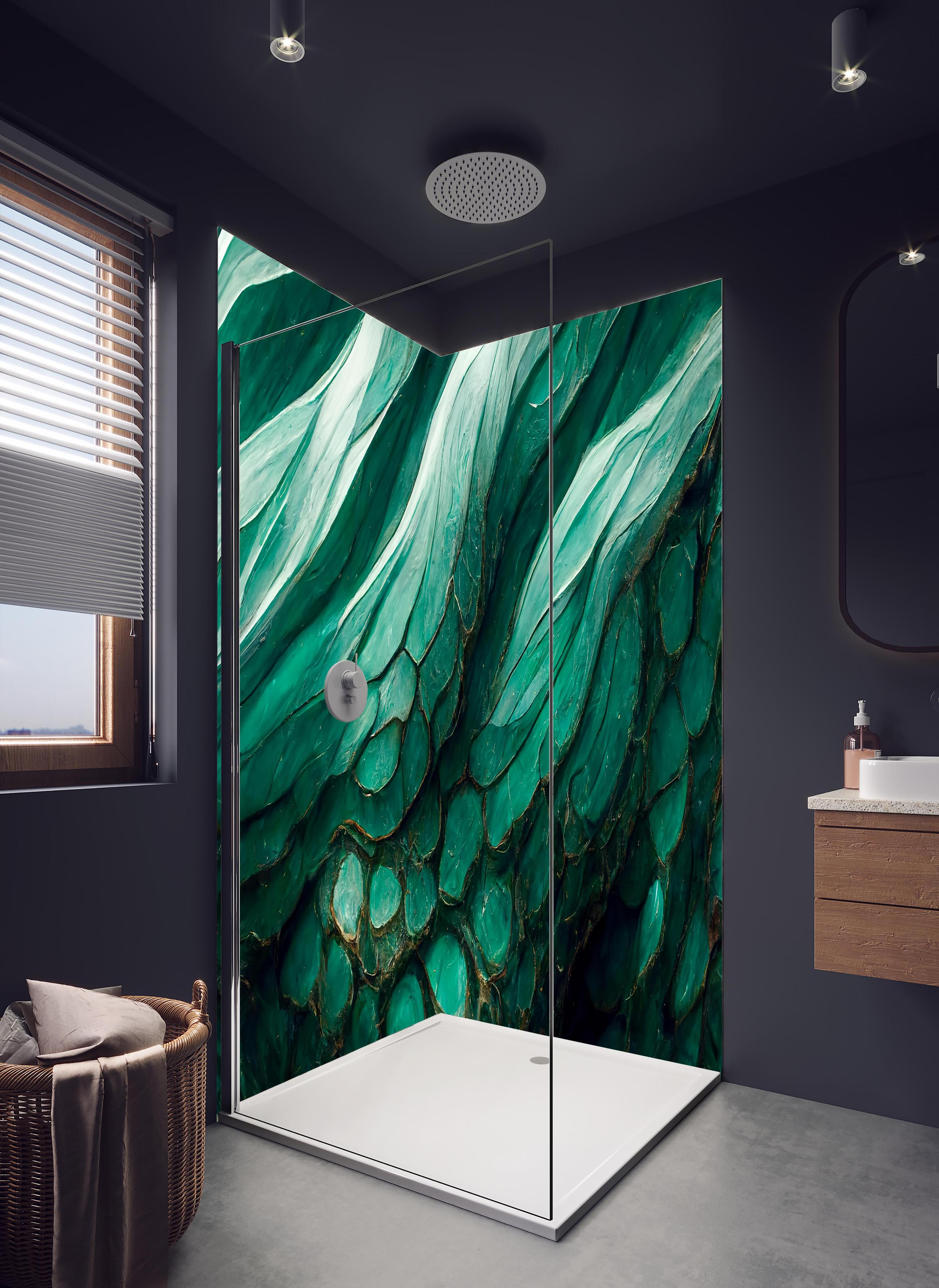 Duschrückwand - Marmor Wirbel wie die Wellen von Achat in hellem Badezimmer mit Regenduschkopf - zweiteilige Eck-Duschrückwand